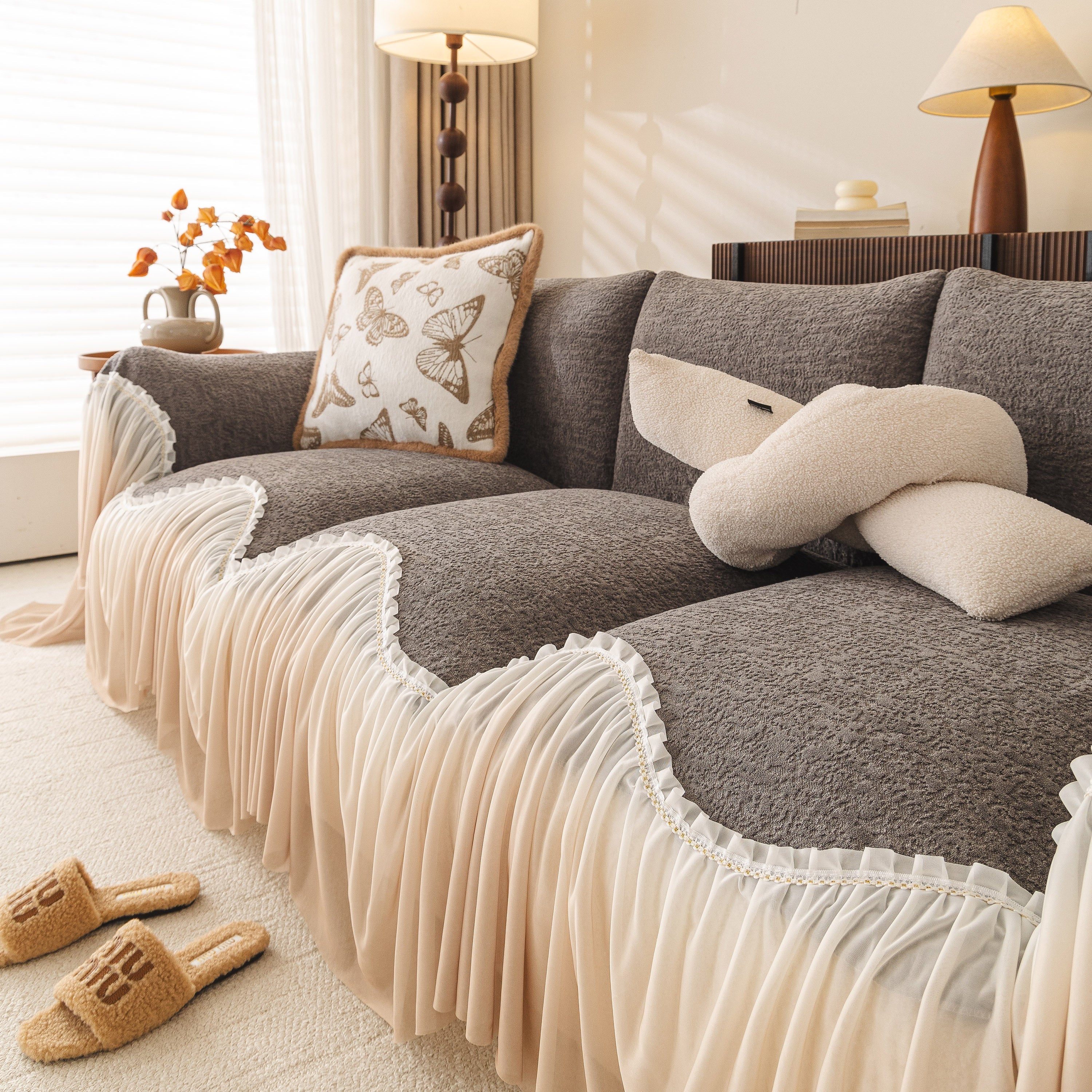 Luxury Sofa Throw Cover With Elegant Ruffled Skirt, Soft Decorative Couch Protector