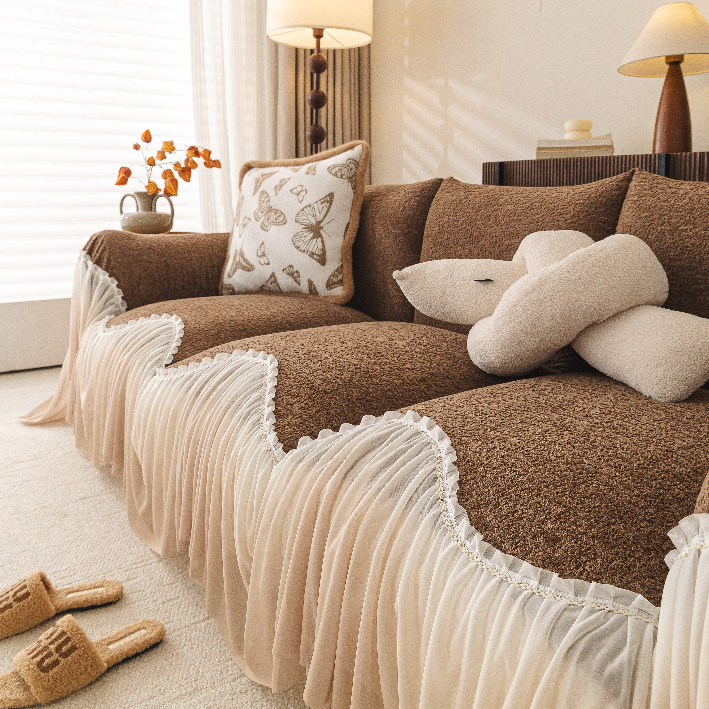 Luxury Sofa Throw Cover With Elegant Ruffled Skirt, Soft Decorative Couch Protector