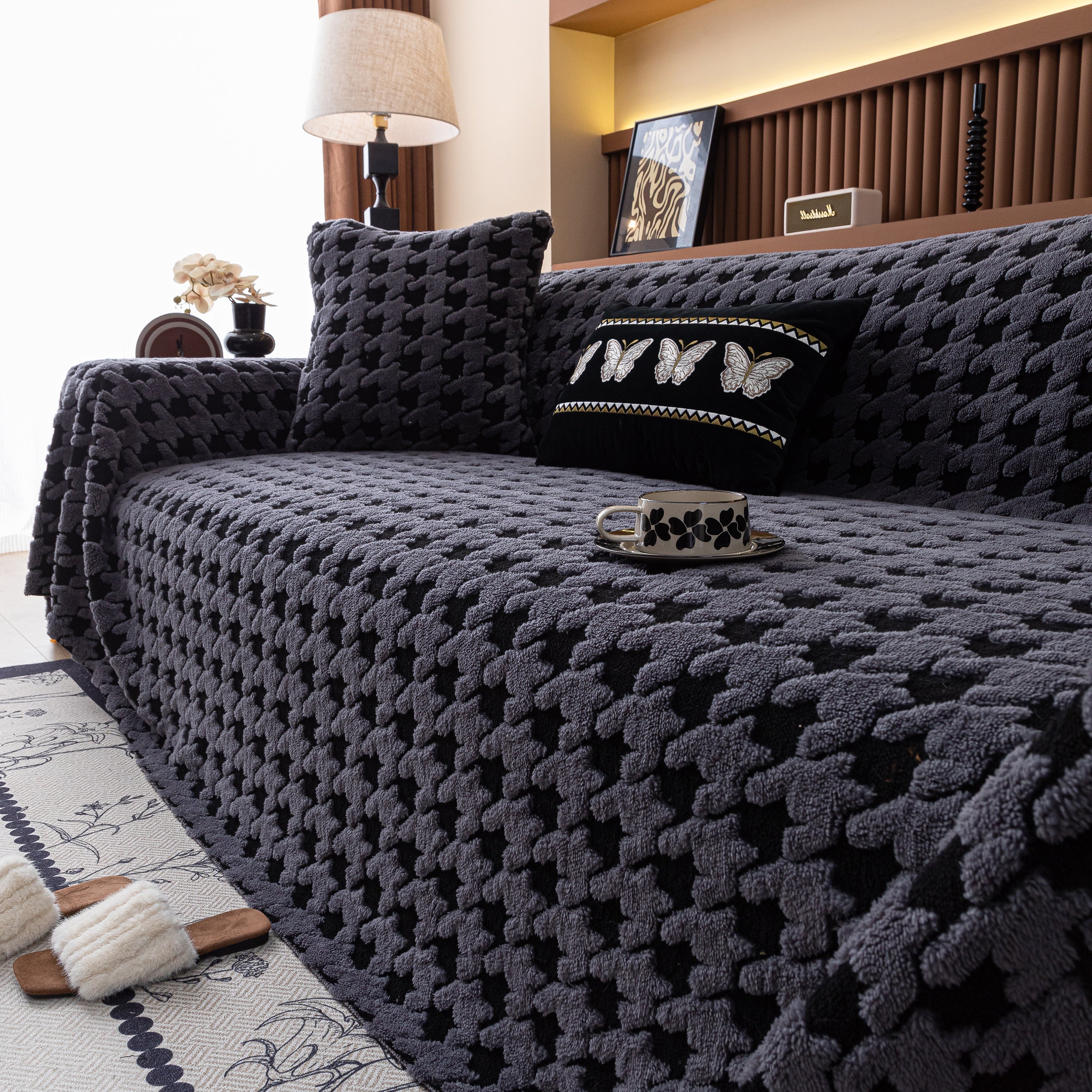 Jacquard Fleece Houndstooth Warm Cozy Couch Cover Blanket Decorative Throws For Sofas