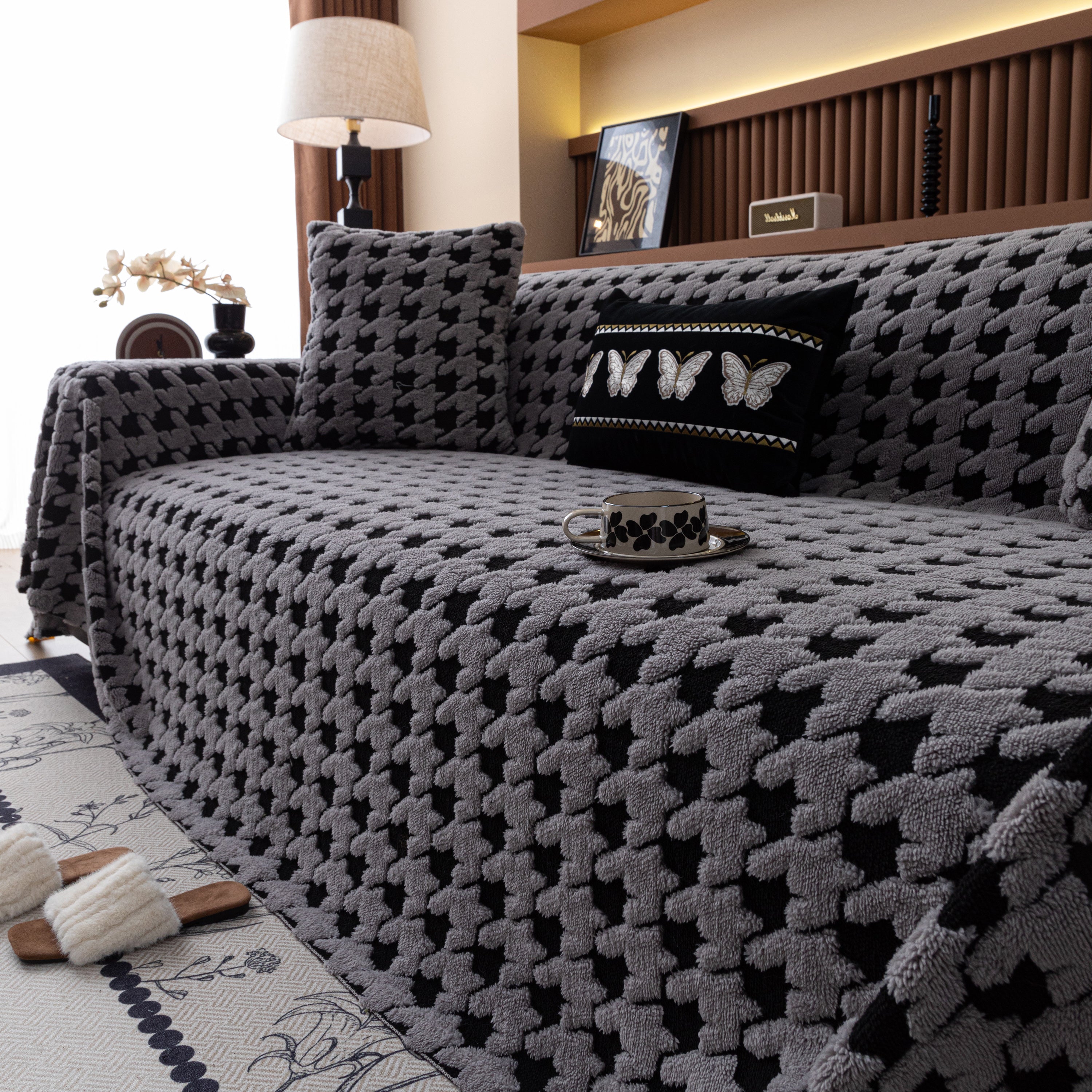 Jacquard Fleece Houndstooth Warm Cozy Couch Cover Blanket Decorative Throws For Sofas