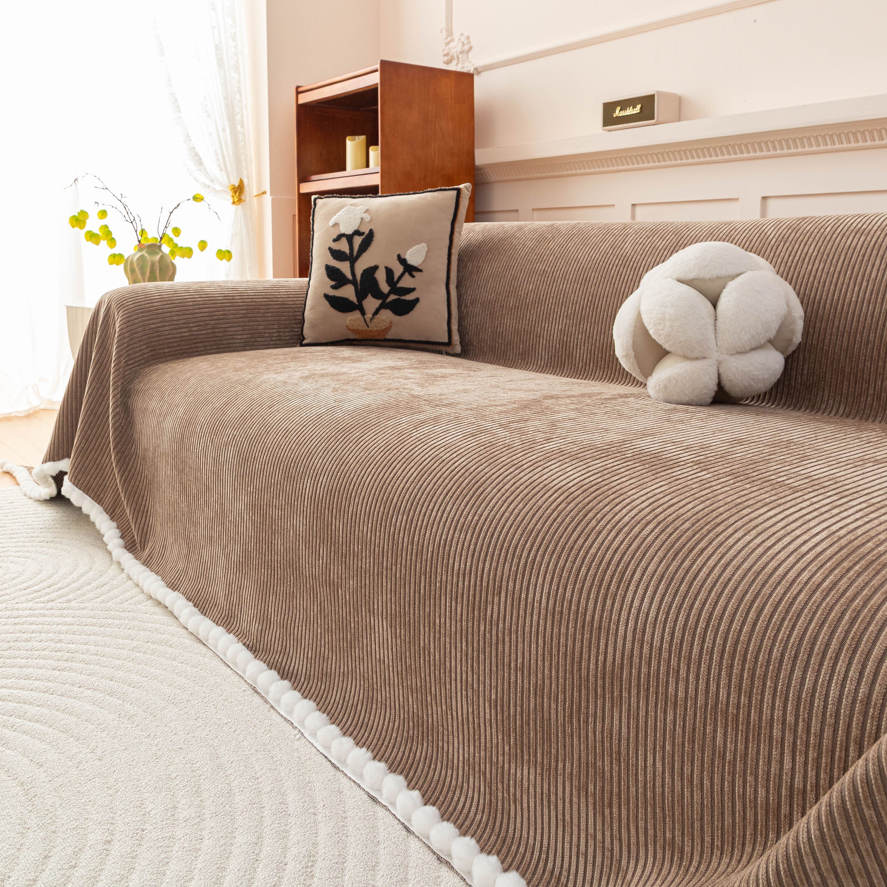 Textured Striped Cozy Couch Cover Throw Blanket With Pom Pom Trim For Sectional Sofa