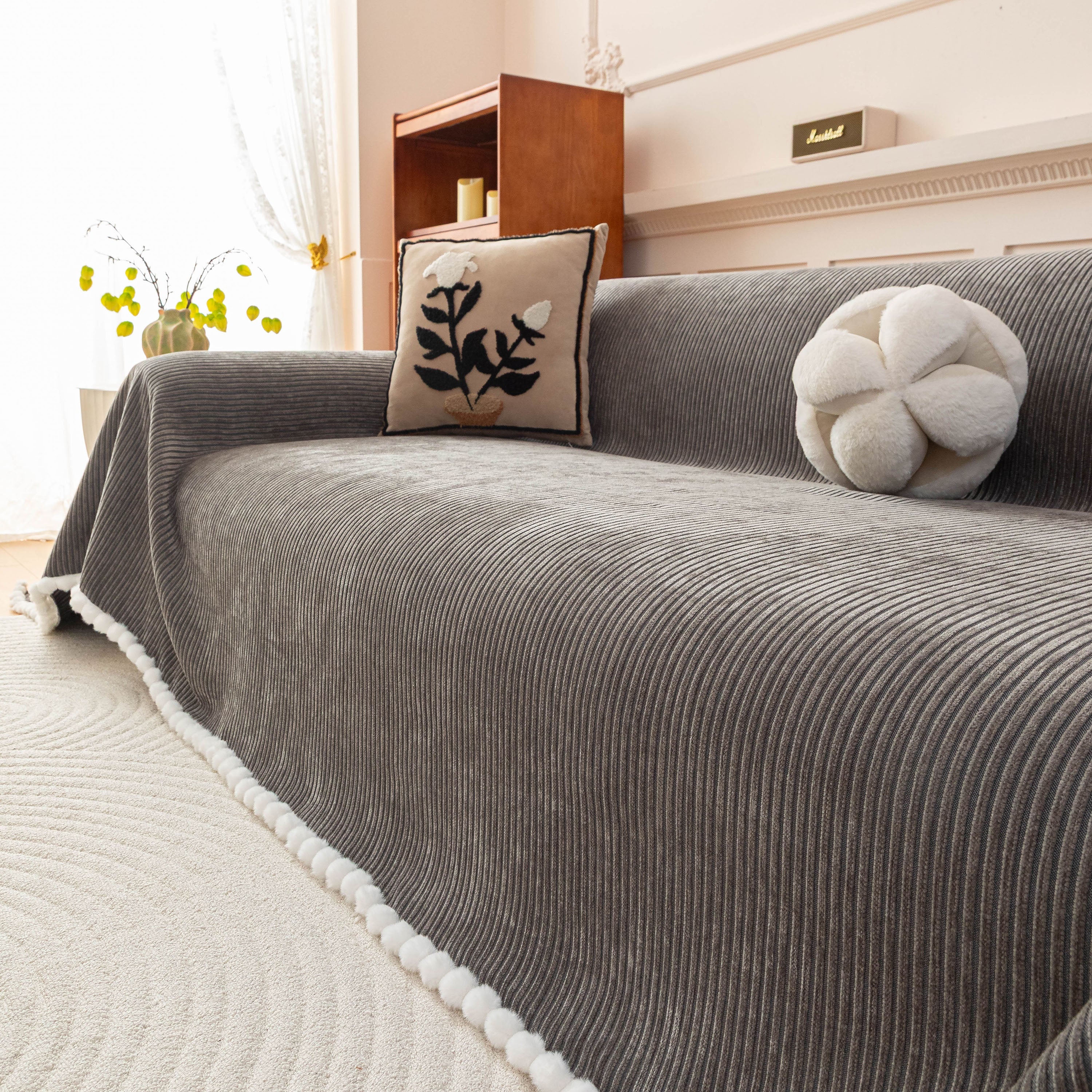 Textured Striped Cozy Couch Cover Throw Blanket With Pom Pom Trim For Sectional Sofa