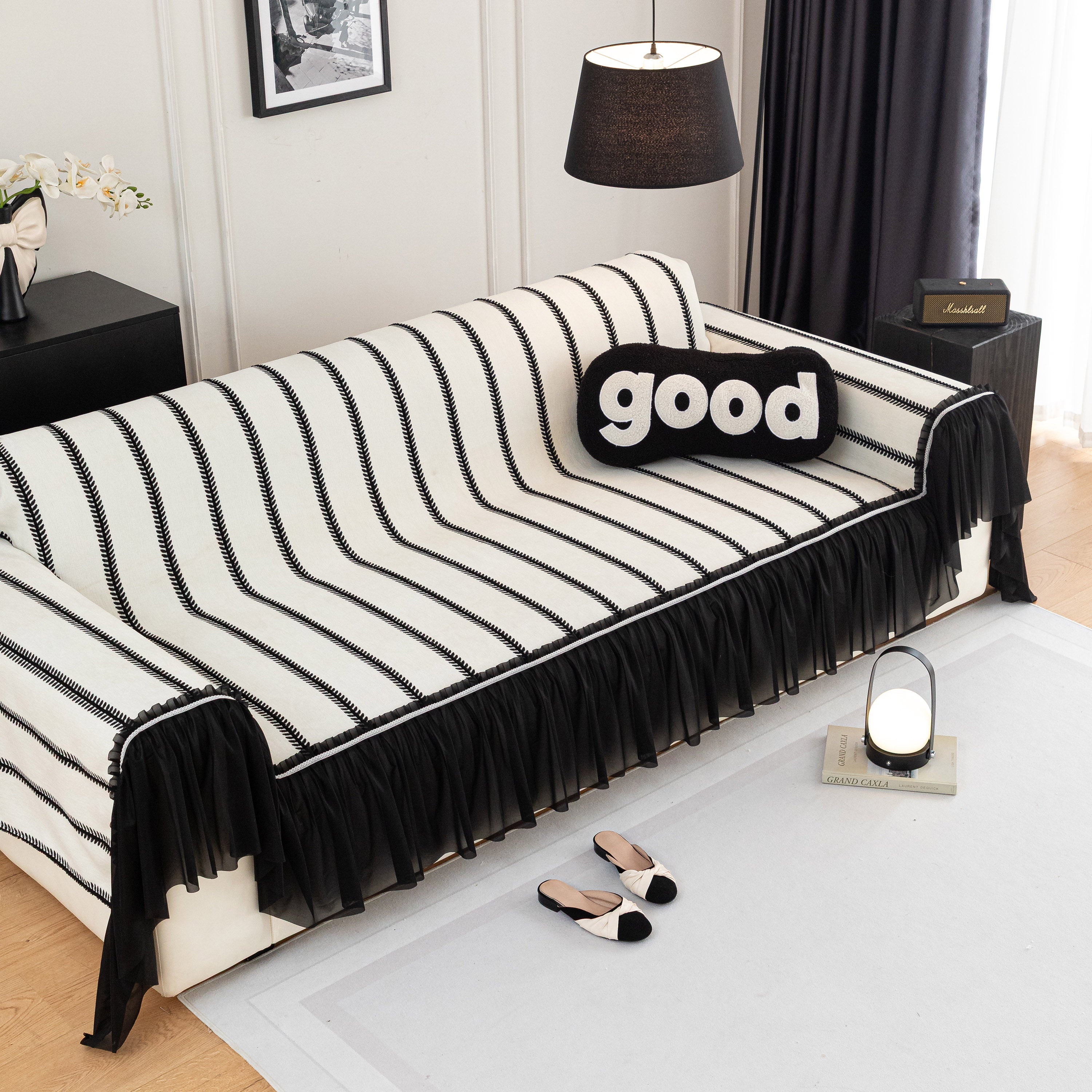 Leaf Stripe Sofa Cover With Black Sheer Skirt, Boho Soft Couch Slipcover For Pets