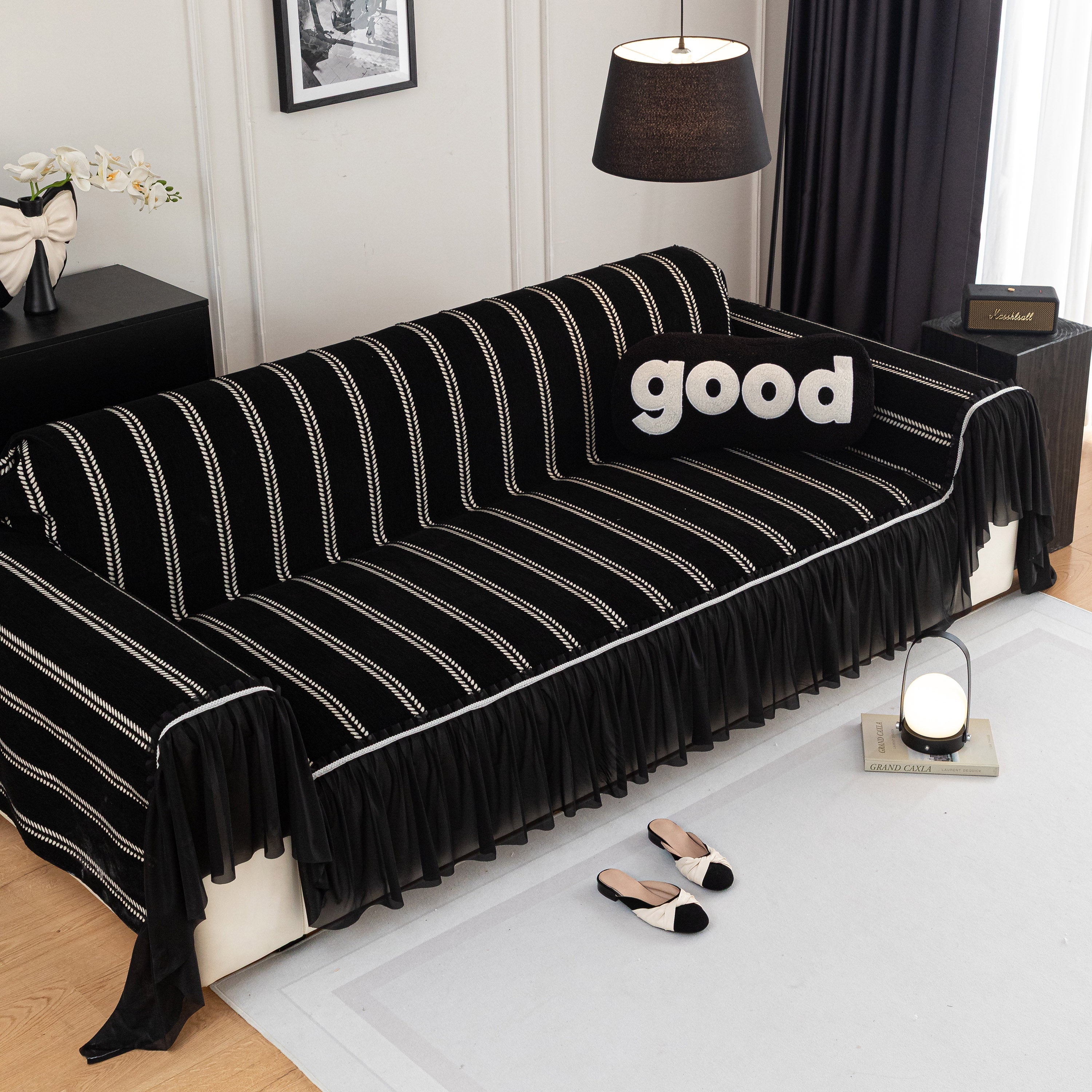 Leaf Stripe Sofa Cover With Black Sheer Skirt, Boho Soft Couch Slipcover For Pets