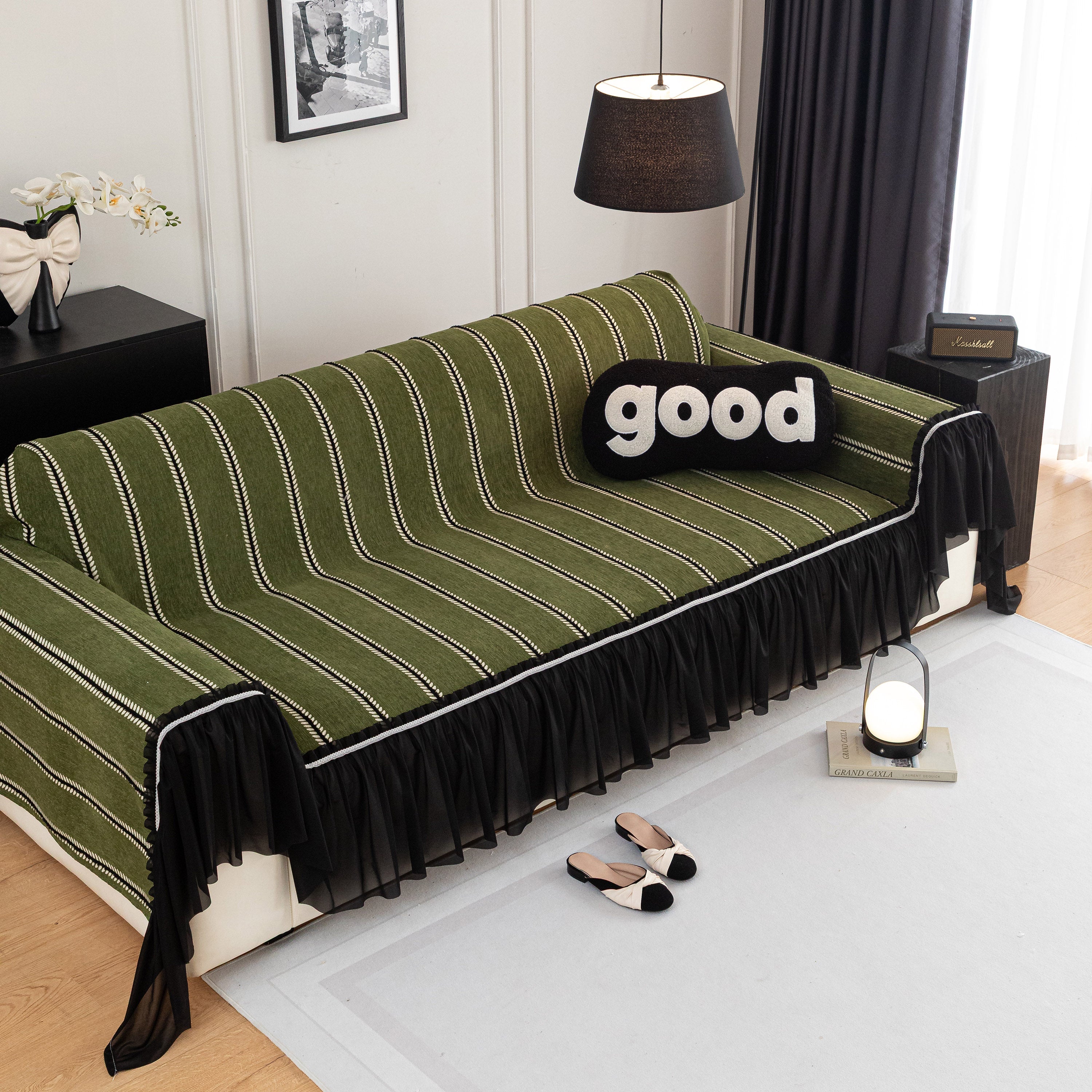 Leaf Stripe Sofa Cover With Black Sheer Skirt, Boho Soft Couch Slipcover For Pets