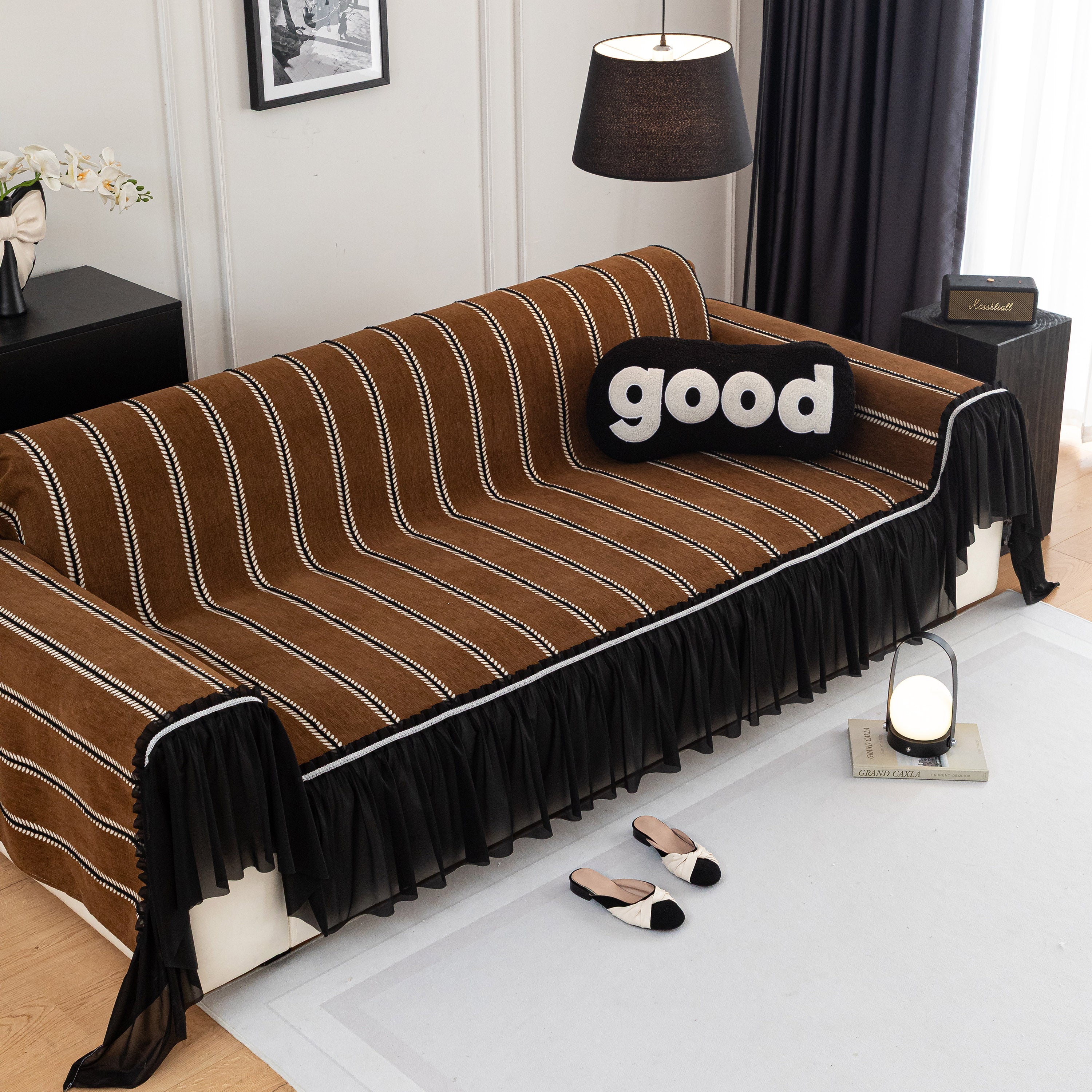 Leaf Stripe Sofa Cover With Black Sheer Skirt, Boho Soft Couch Slipcover For Pets