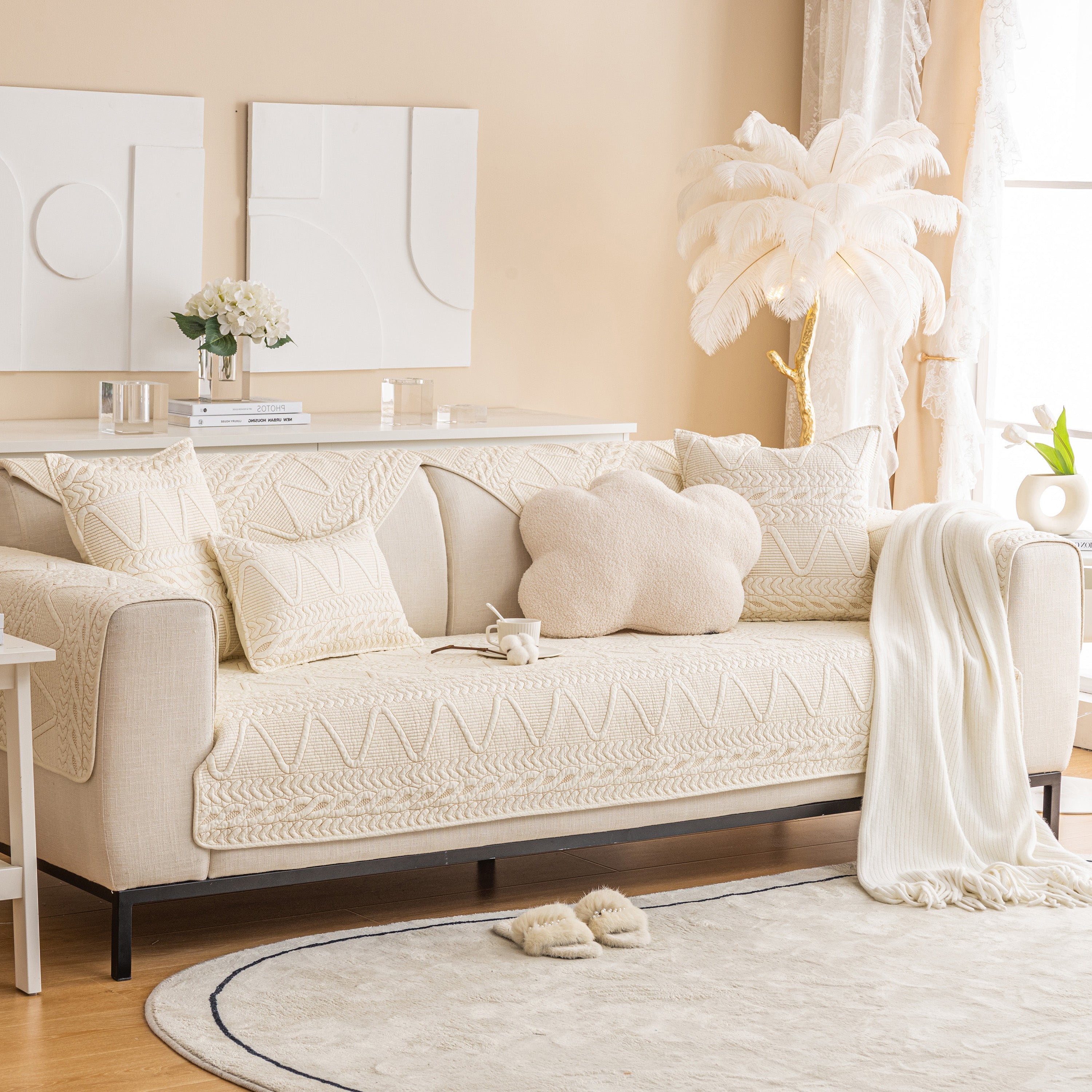 Geometric Textured Cotton Quilted Sofa Cover, Non-slip Washable Couch Protector