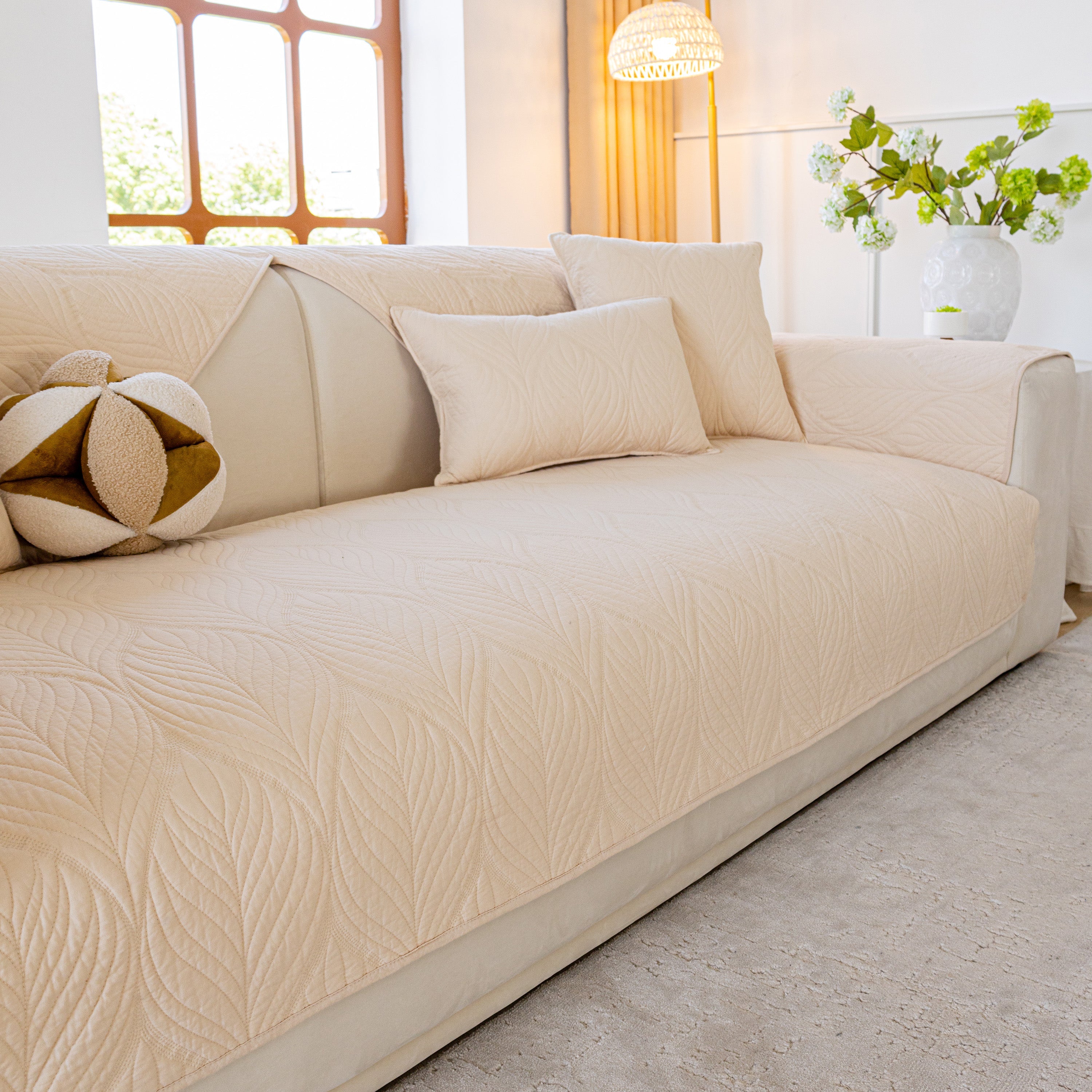 Leaf Vein Textured Cotton Quilted Sofa Slipcover, Non-slip Modular Couch Covers