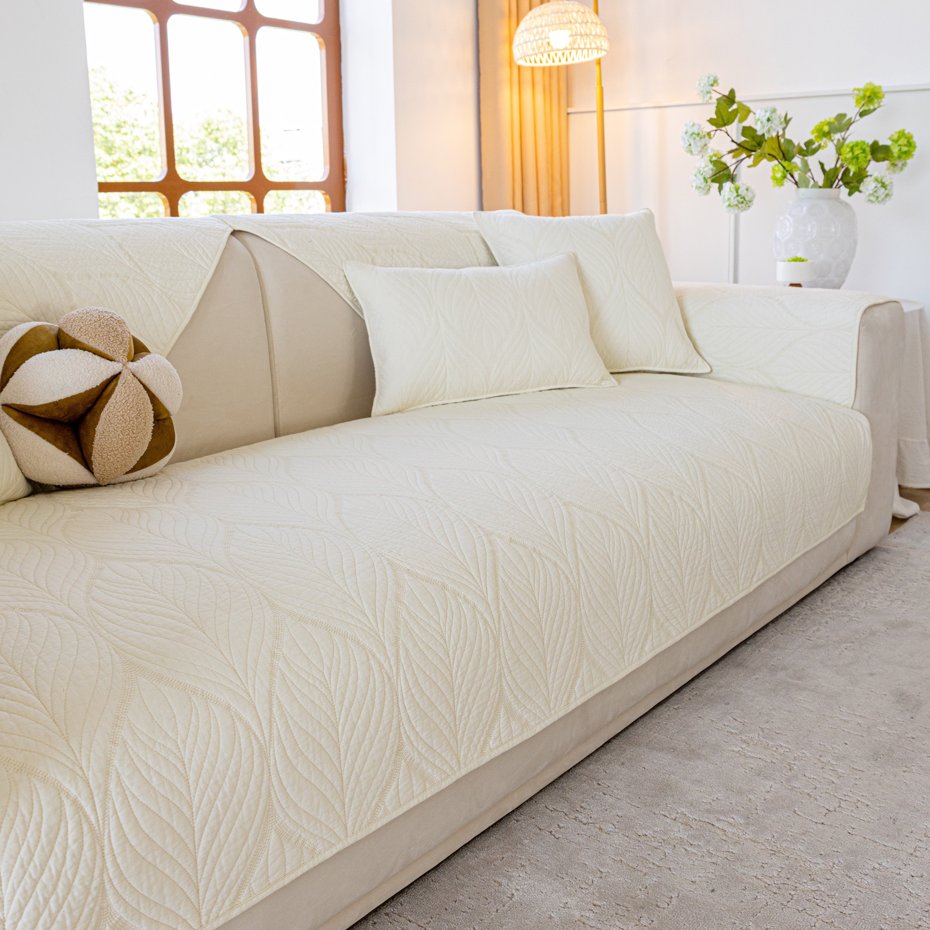 Leaf Vein Textured Cotton Quilted Sofa Slipcover, Non-slip Modular Couch Covers