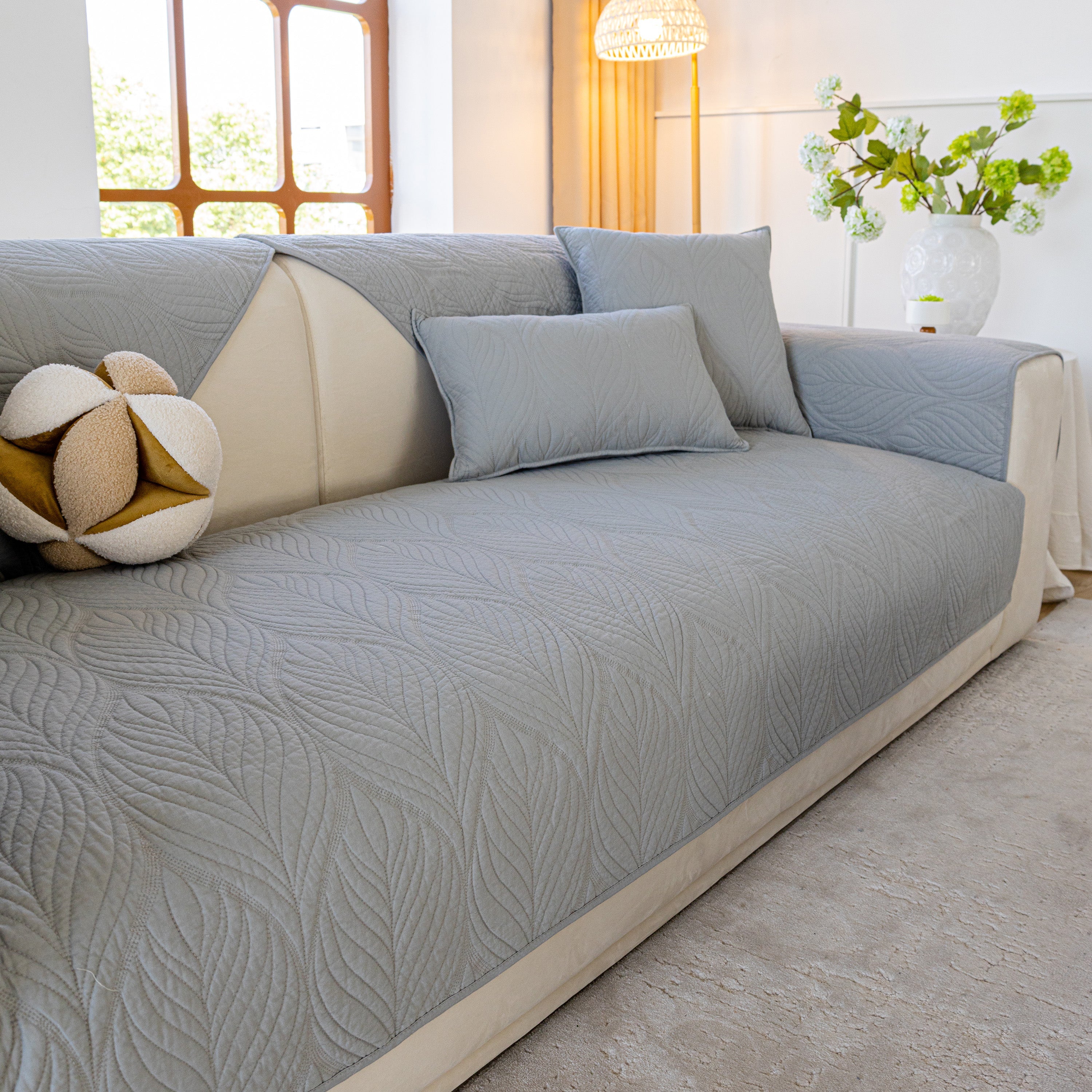 Leaf Vein Textured Cotton Quilted Sofa Slipcover, Non-slip Modular Couch Covers