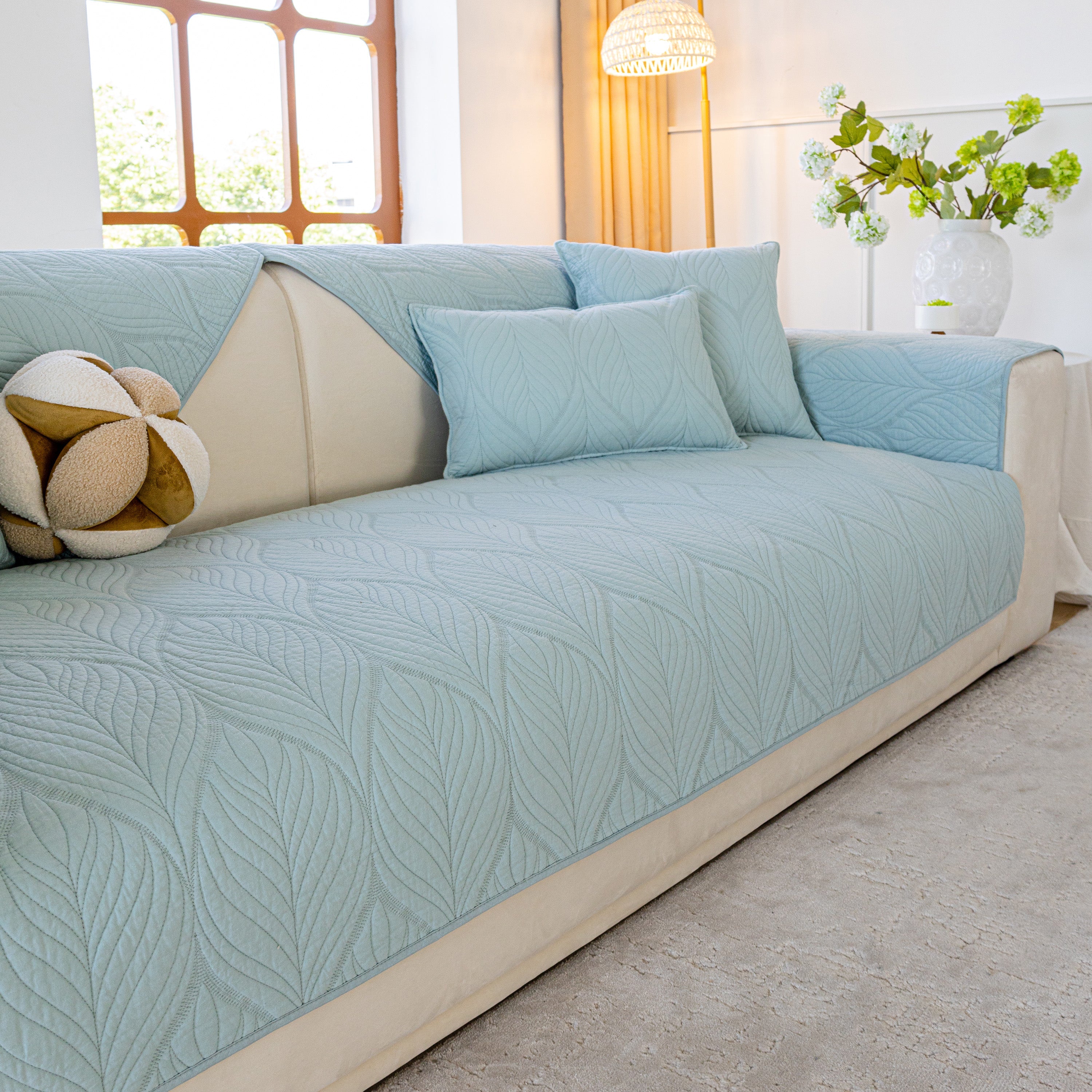 Leaf Vein Textured Cotton Quilted Sofa Slipcover, Non-slip Modular Couch Covers