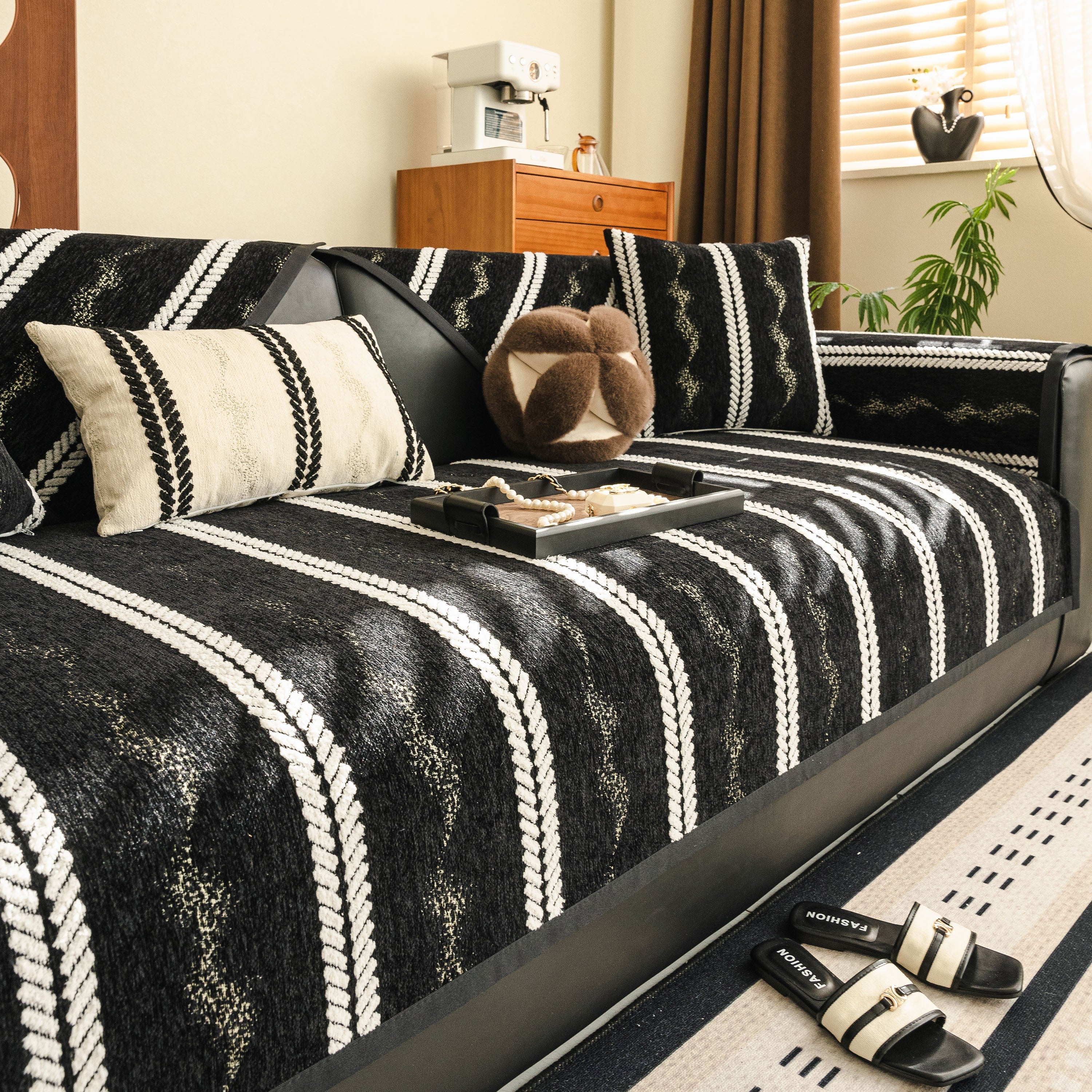 Non-slip Sofa Cover With Thick Chenille Texture Woven Stripe Couch Protector Throw