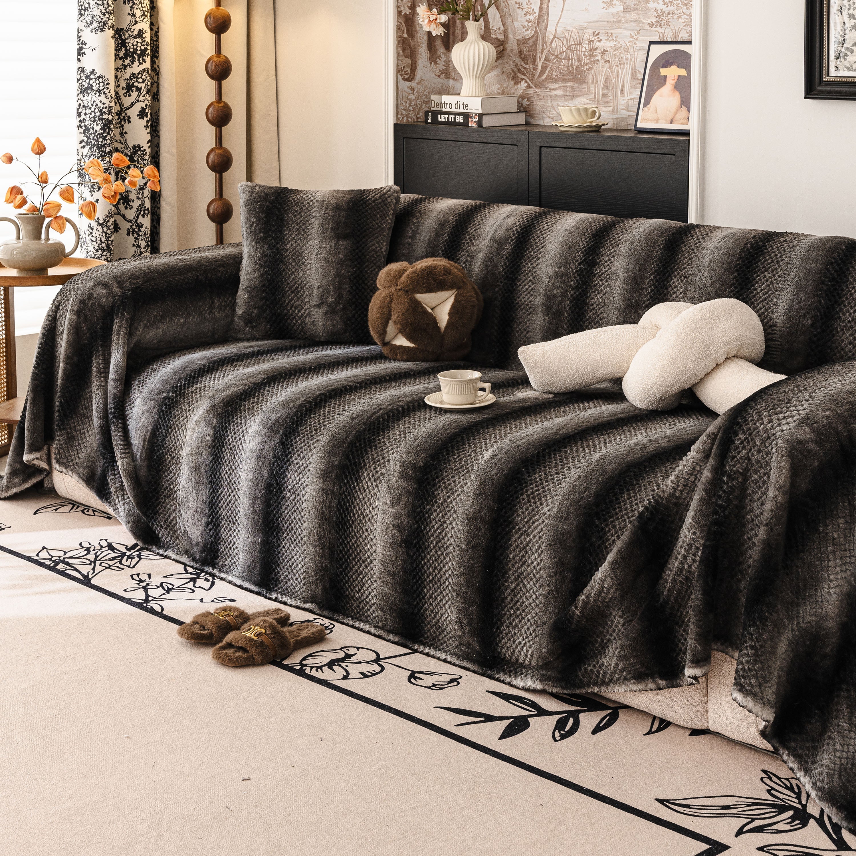 Faux Fur Sofa Cover Washable Furniture Protector For Sectional Warm & Fuzzy Slipcover