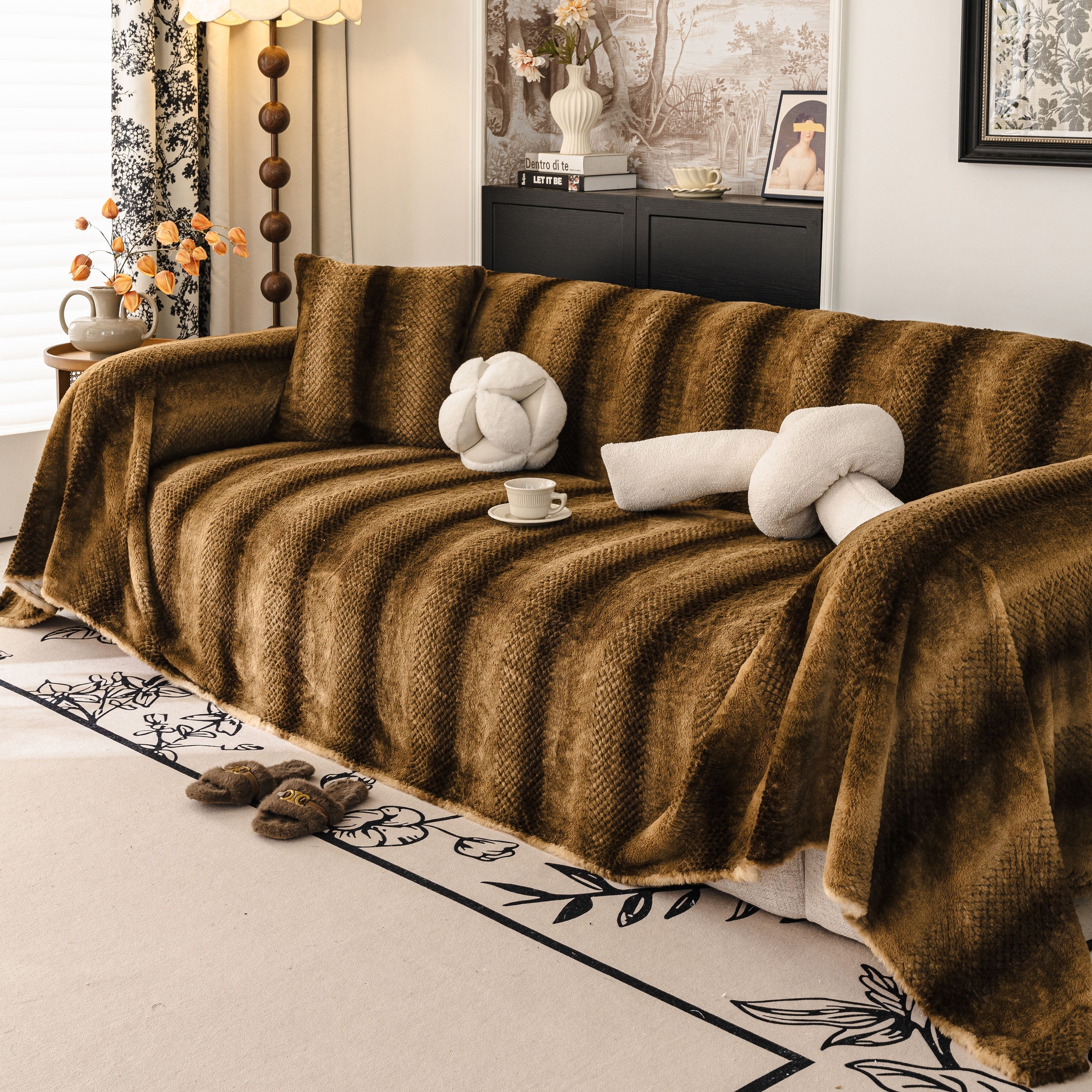 Faux Fur Sofa Cover Washable Furniture Protector For Sectional Warm & Fuzzy Slipcover