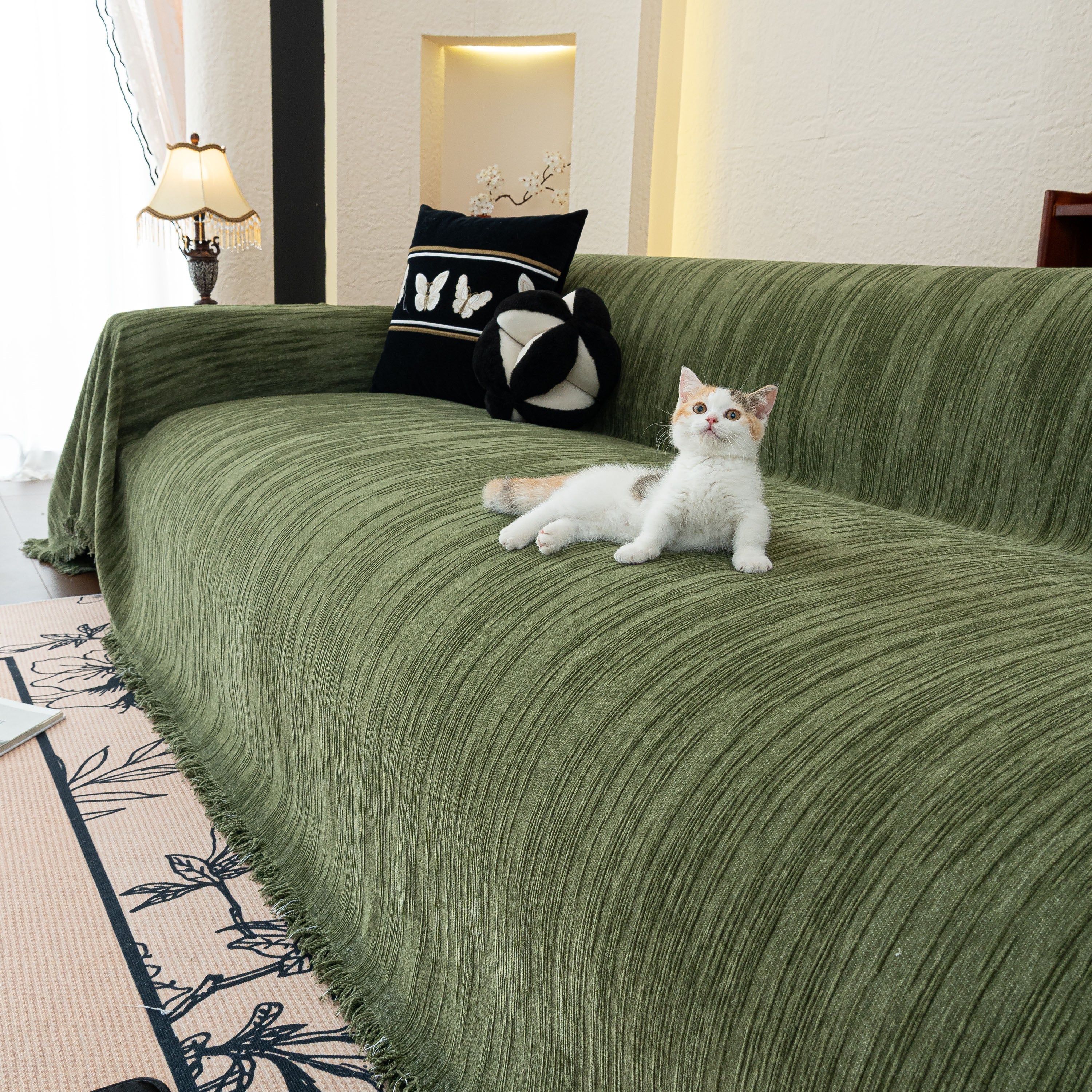 Washable Textured Sofa Cover Throw For Pets, Dogs Furniture Protector With Tassels