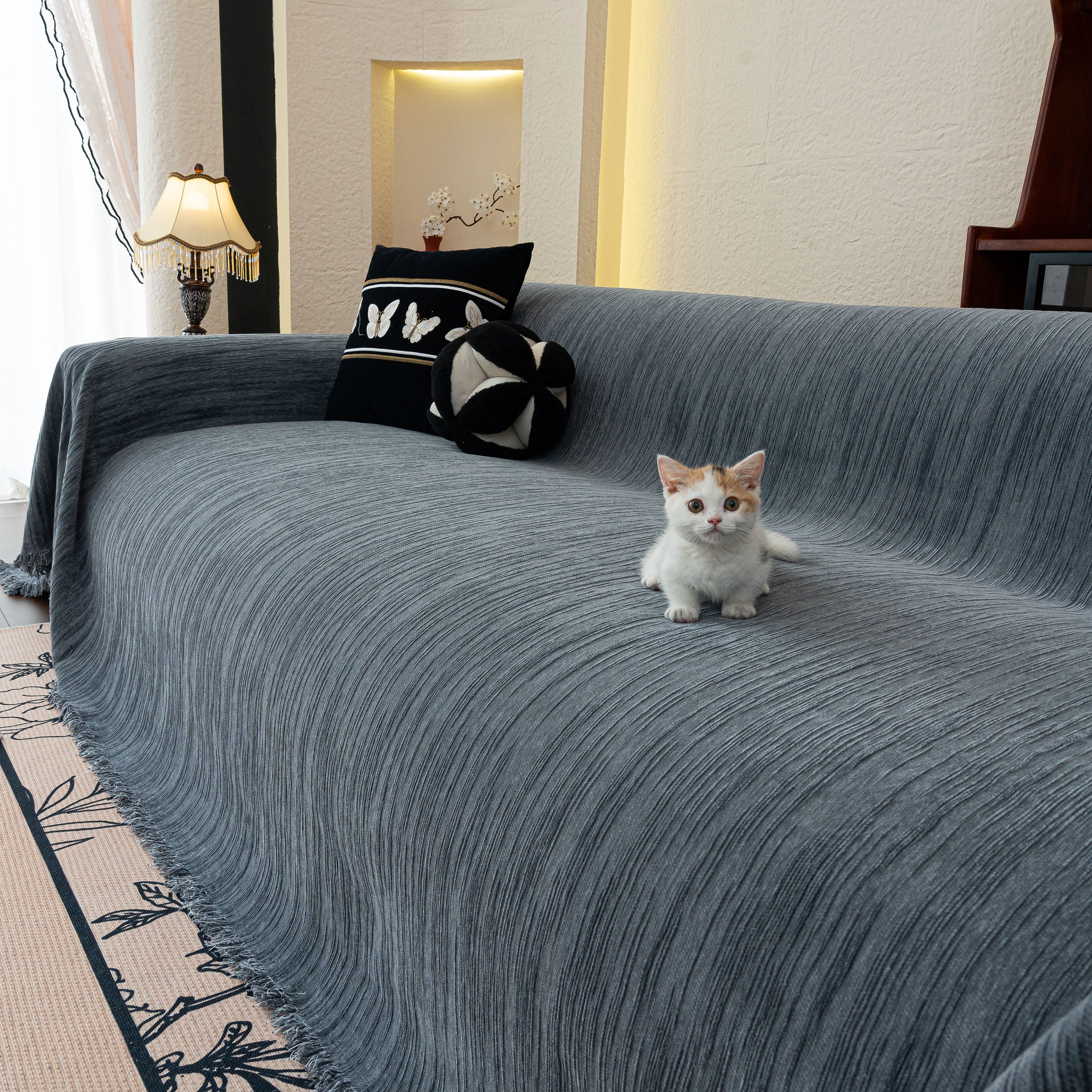 Washable Textured Sofa Cover Throw For Pets, Dogs Furniture Protector With Tassels