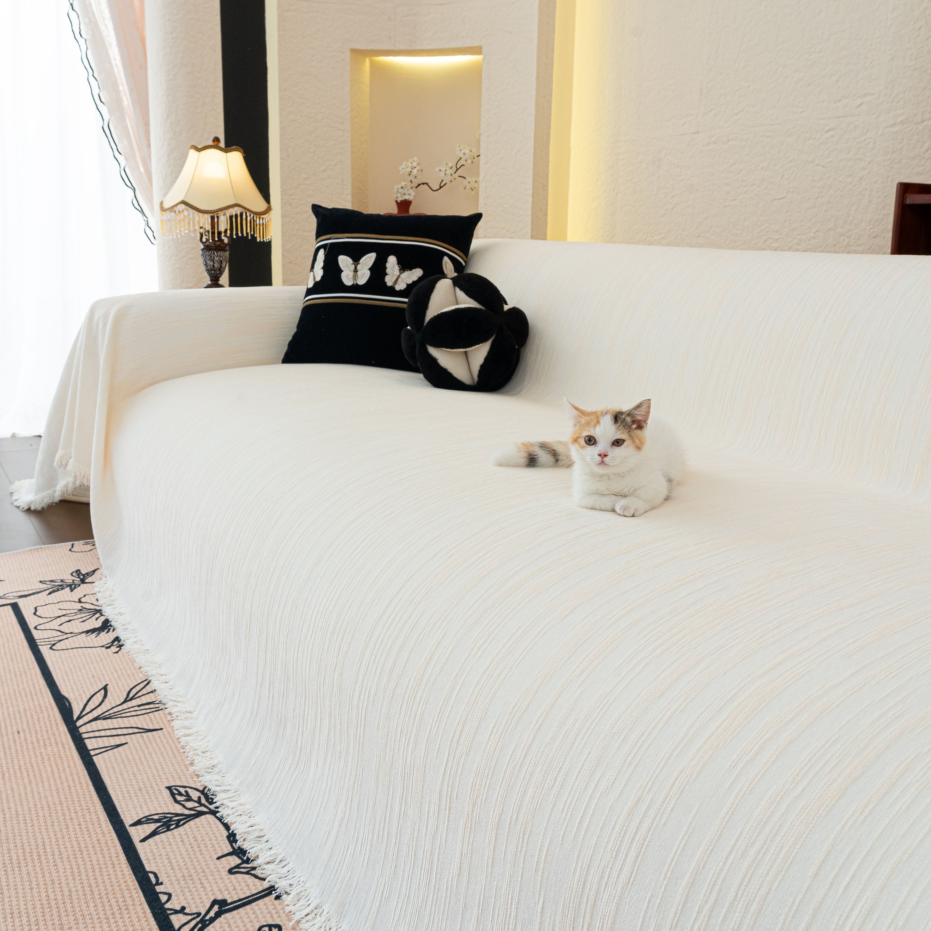 Washable Textured Sofa Cover Throw For Pets, Dogs Furniture Protector With Tassels