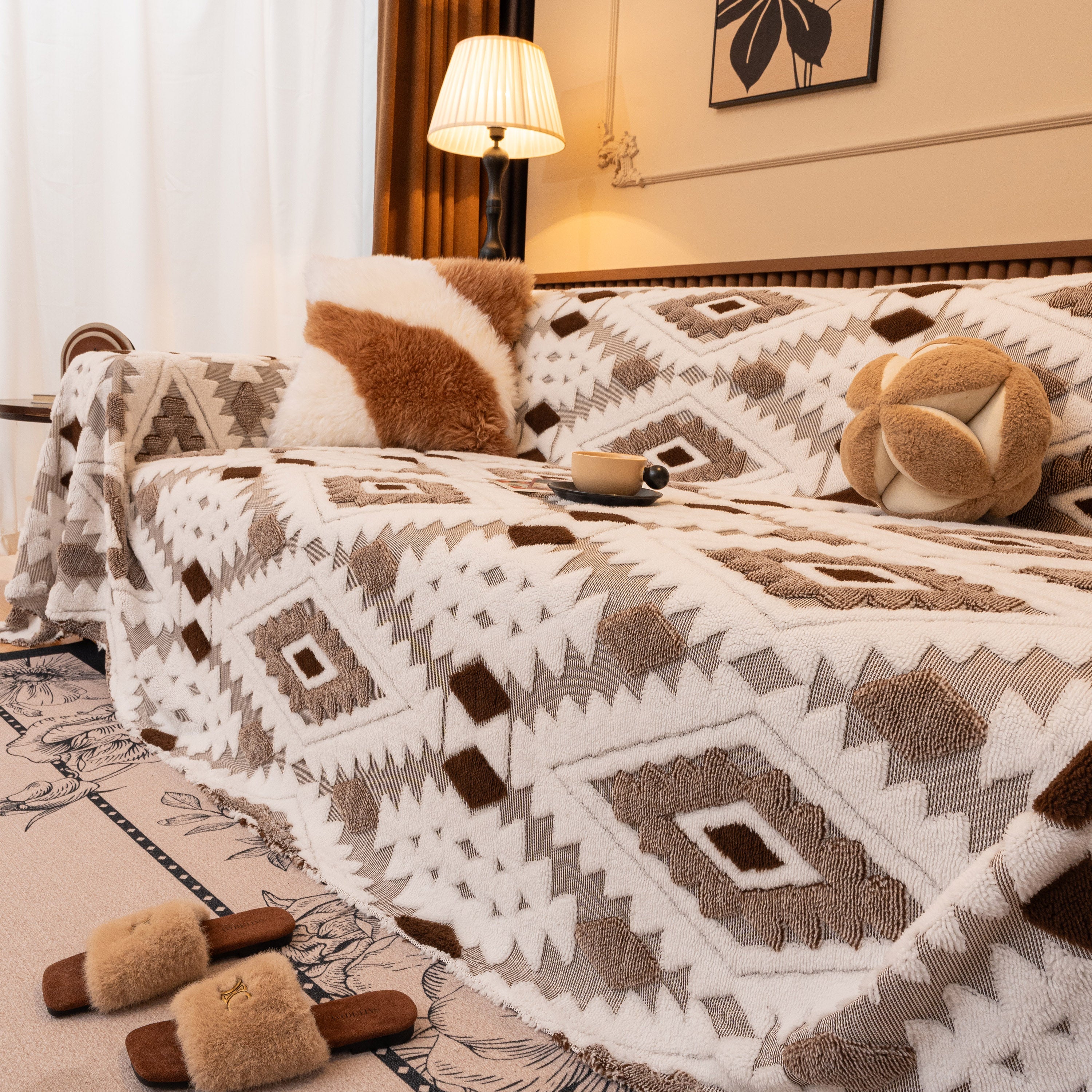 Bohemian Tufted Sofa Cover, Soft Sherpa Fleece Throw Blanket With 3d Aztec Geometric
