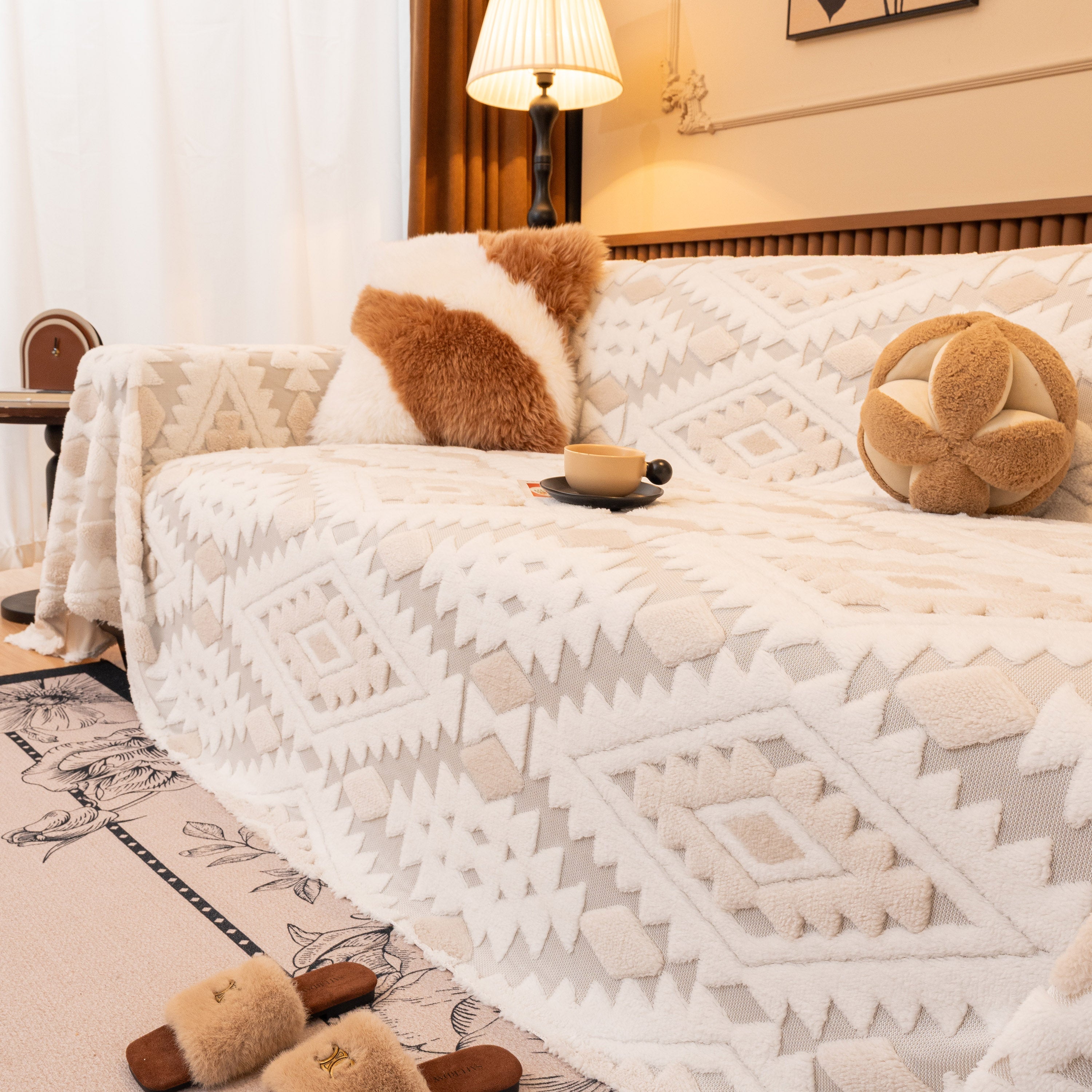 Bohemian Tufted Sofa Cover, Soft Sherpa Fleece Throw Blanket With 3d Aztec Geometric
