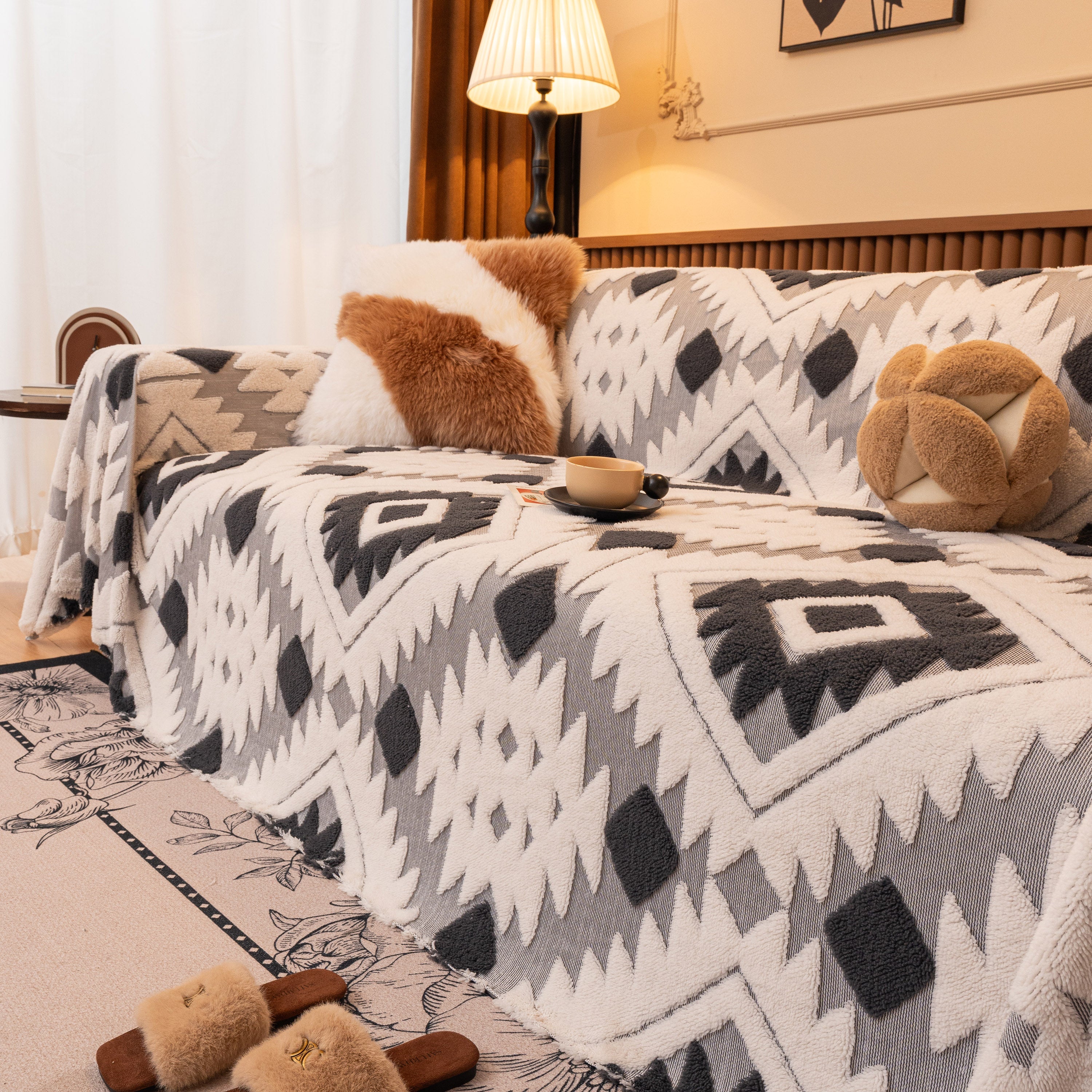 Bohemian Tufted Sofa Cover, Soft Sherpa Fleece Throw Blanket With 3d Aztec Geometric
