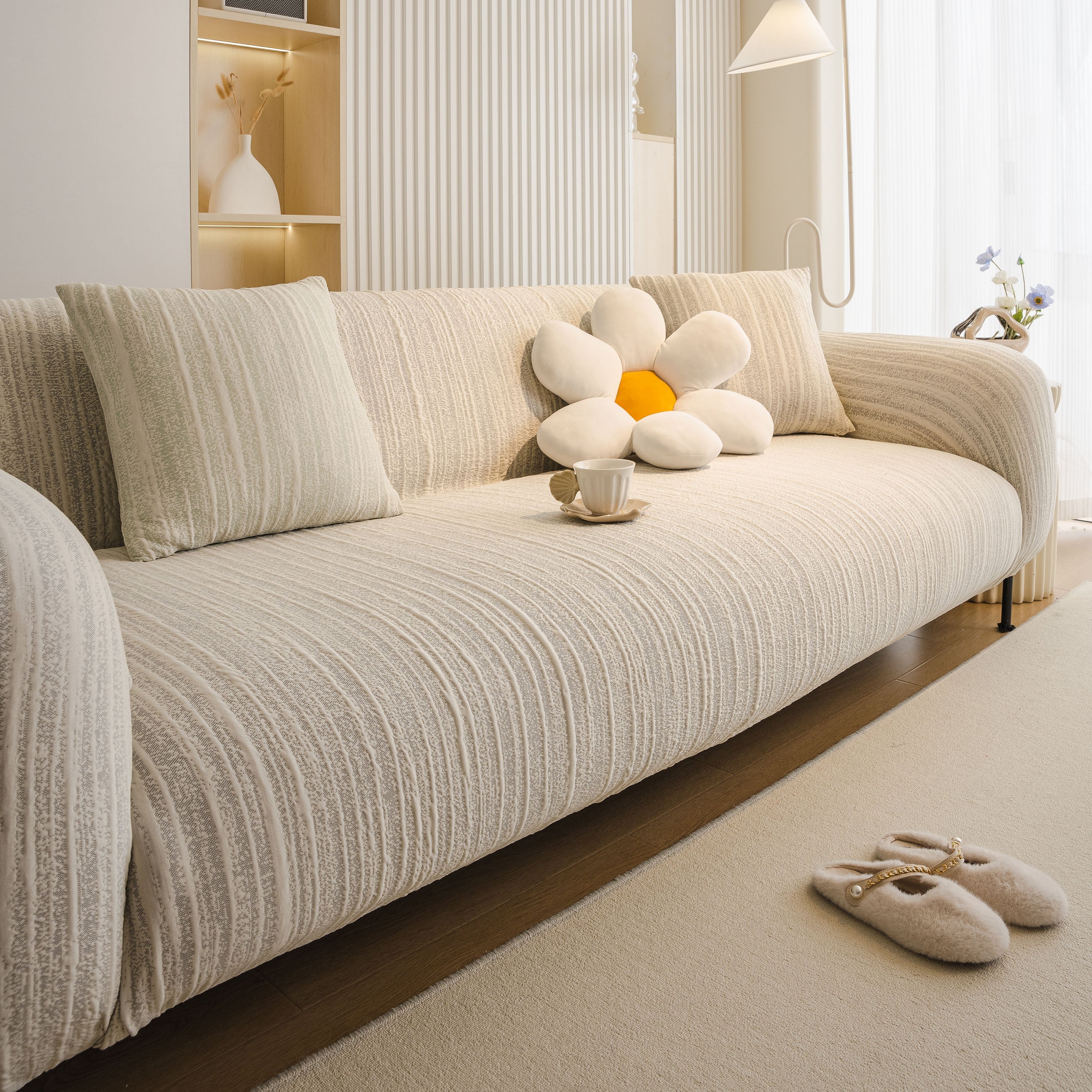 Ribbed Washable Sofa Cover, High Stretch Striped Couch Slipcover With Tie Straps