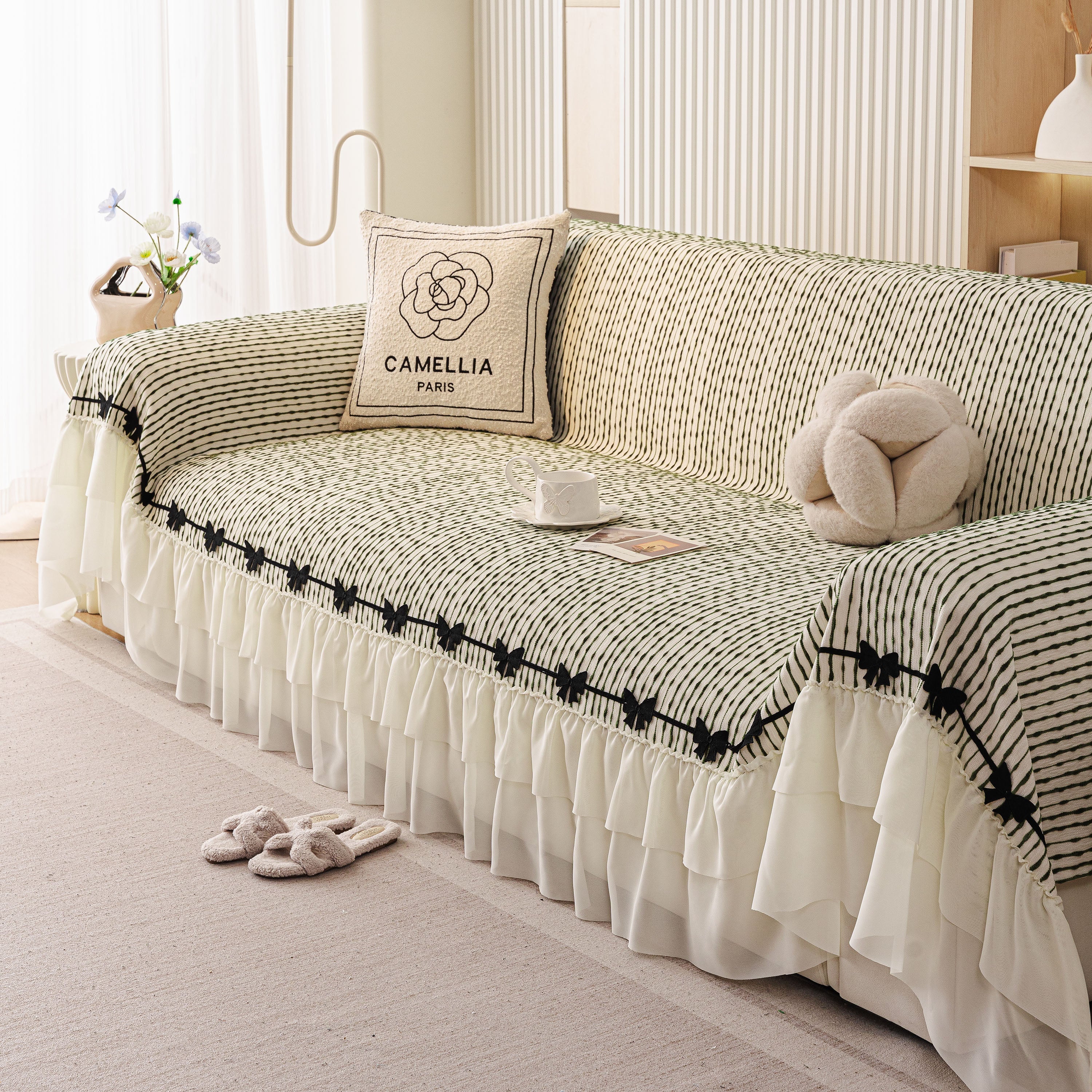 Ruffled Sofa Cover With Bowknot Decor, French Country Style Skirted Couch Slipcover