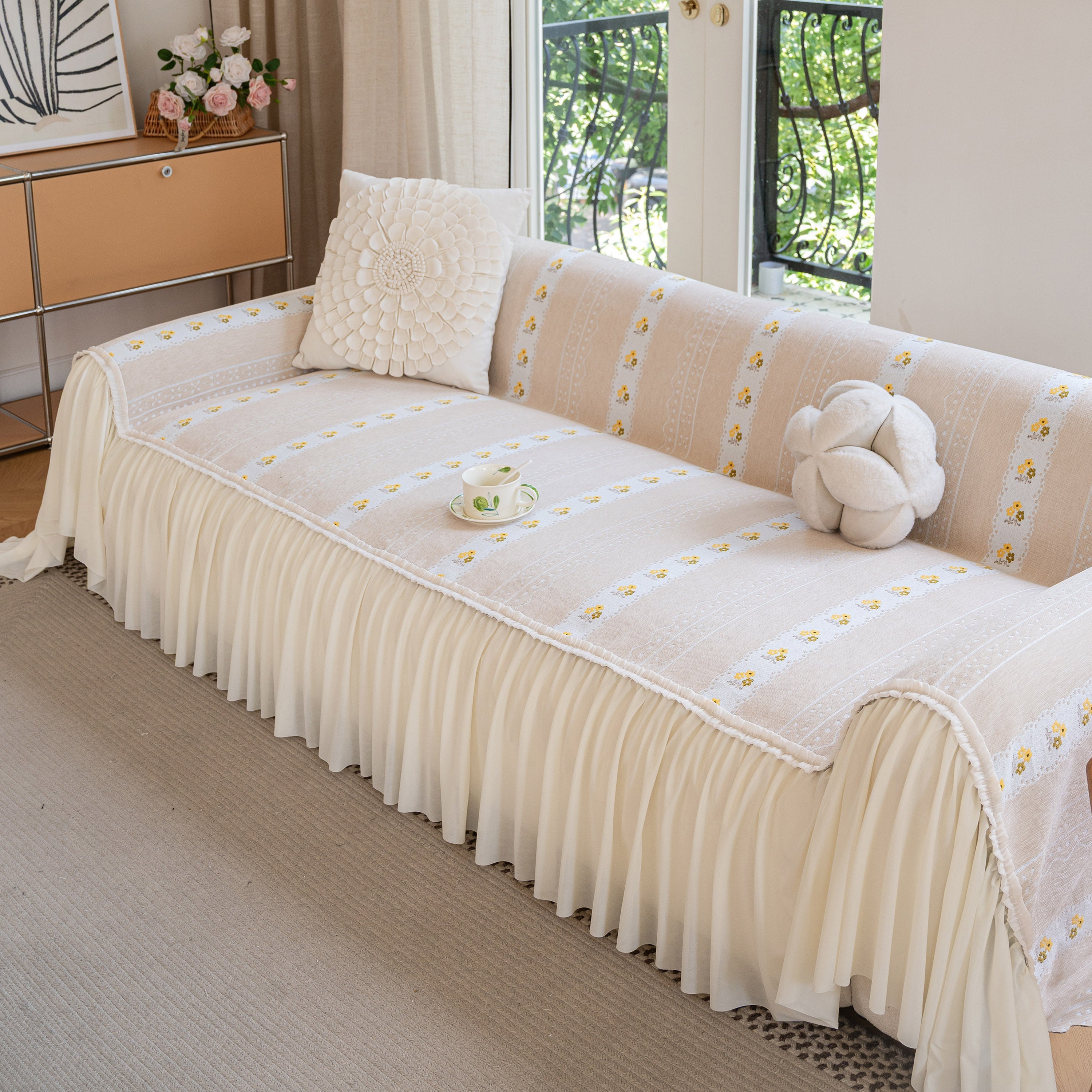 Daisy Striped Sofa Cover With Sheer Ruffle Skirt, Floral Soft Slipcover Blanket