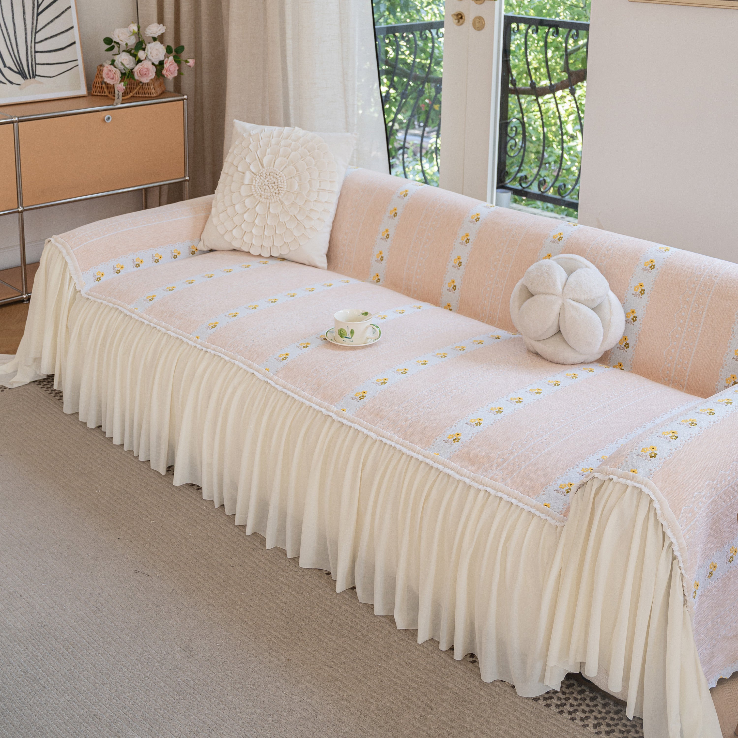 Daisy Striped Sofa Cover With Sheer Ruffle Skirt, Floral Soft Slipcover Blanket