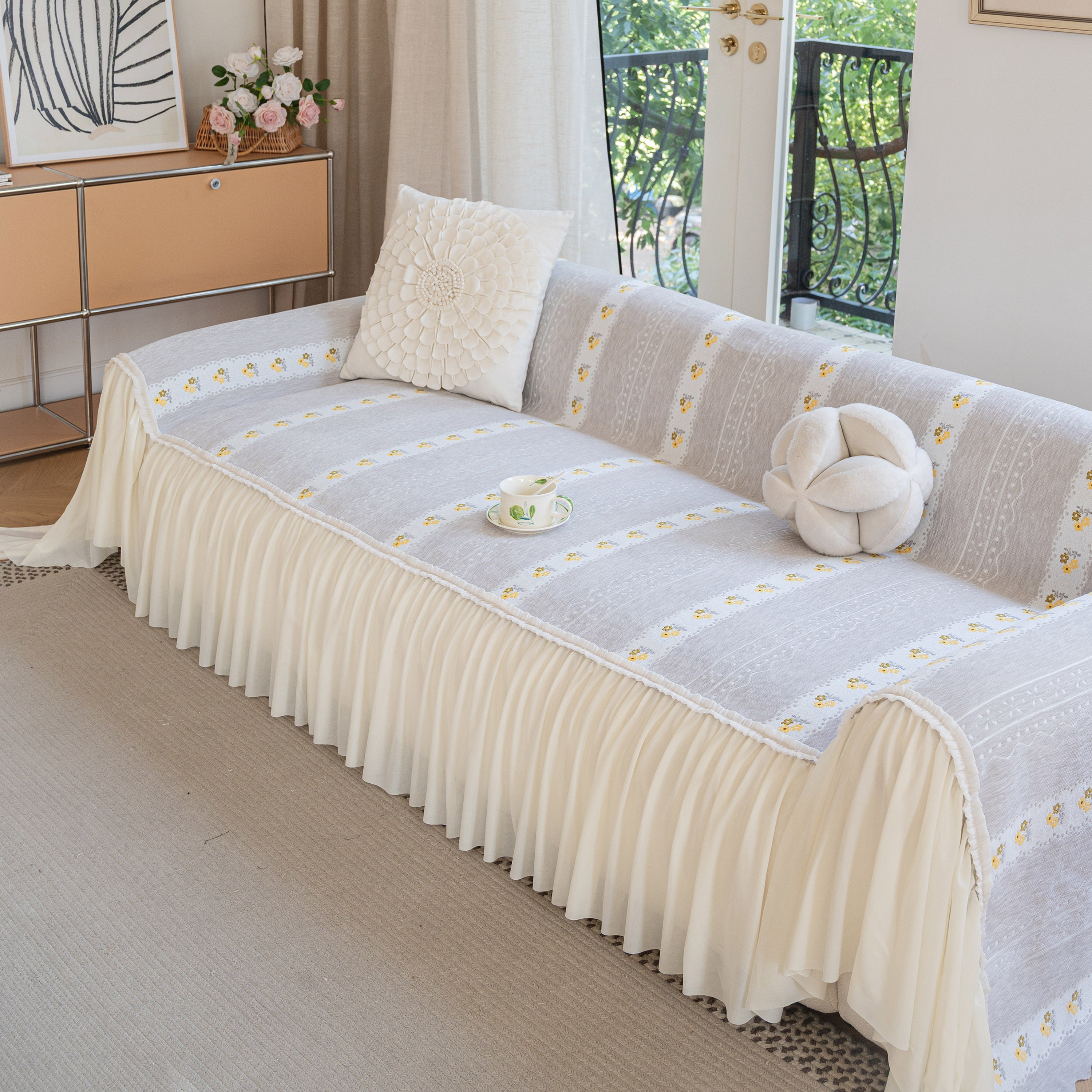 Daisy Striped Sofa Cover With Sheer Ruffle Skirt, Floral Soft Slipcover Blanket