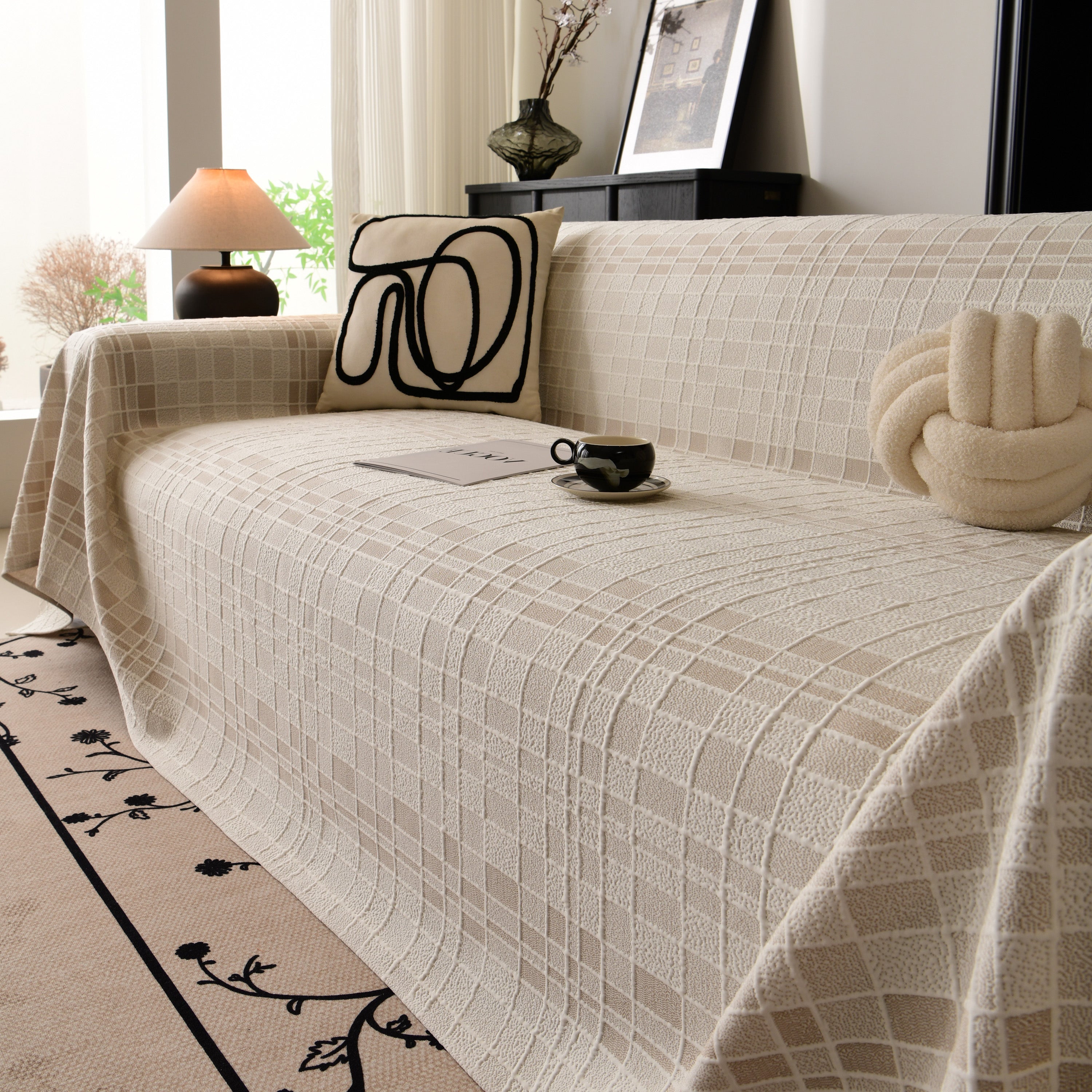Sofa Cover Throw With Subtle Textured Stripes Lightweight Smooth Couch Slipcover