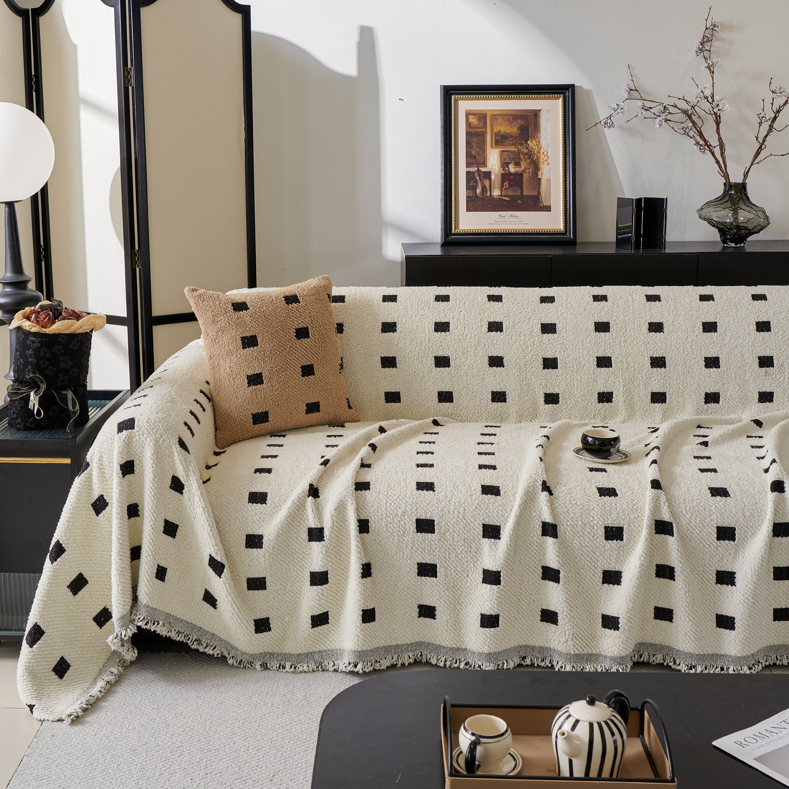 Sofa Throw Blanket With Woven Geometric Pattern & Tassels, Soft & Thick Couch Cover