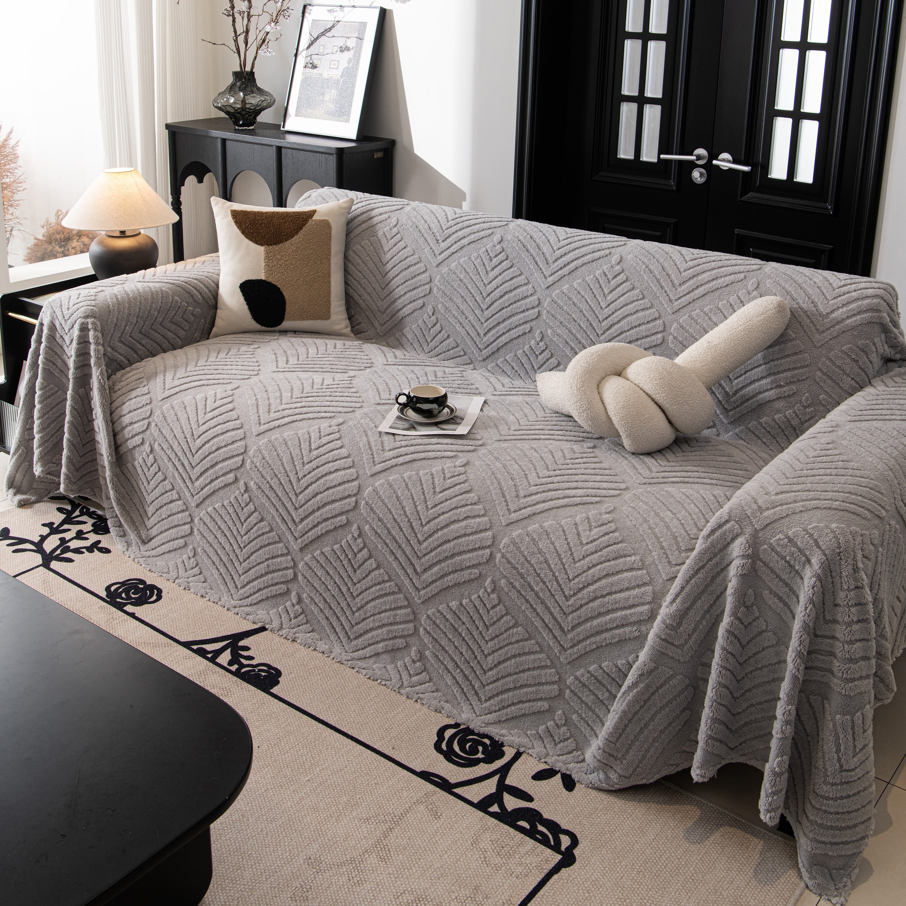 Winter Soft Plush Fleece Sofa Blanket Leaves Jacquard Couch Covers For Couches