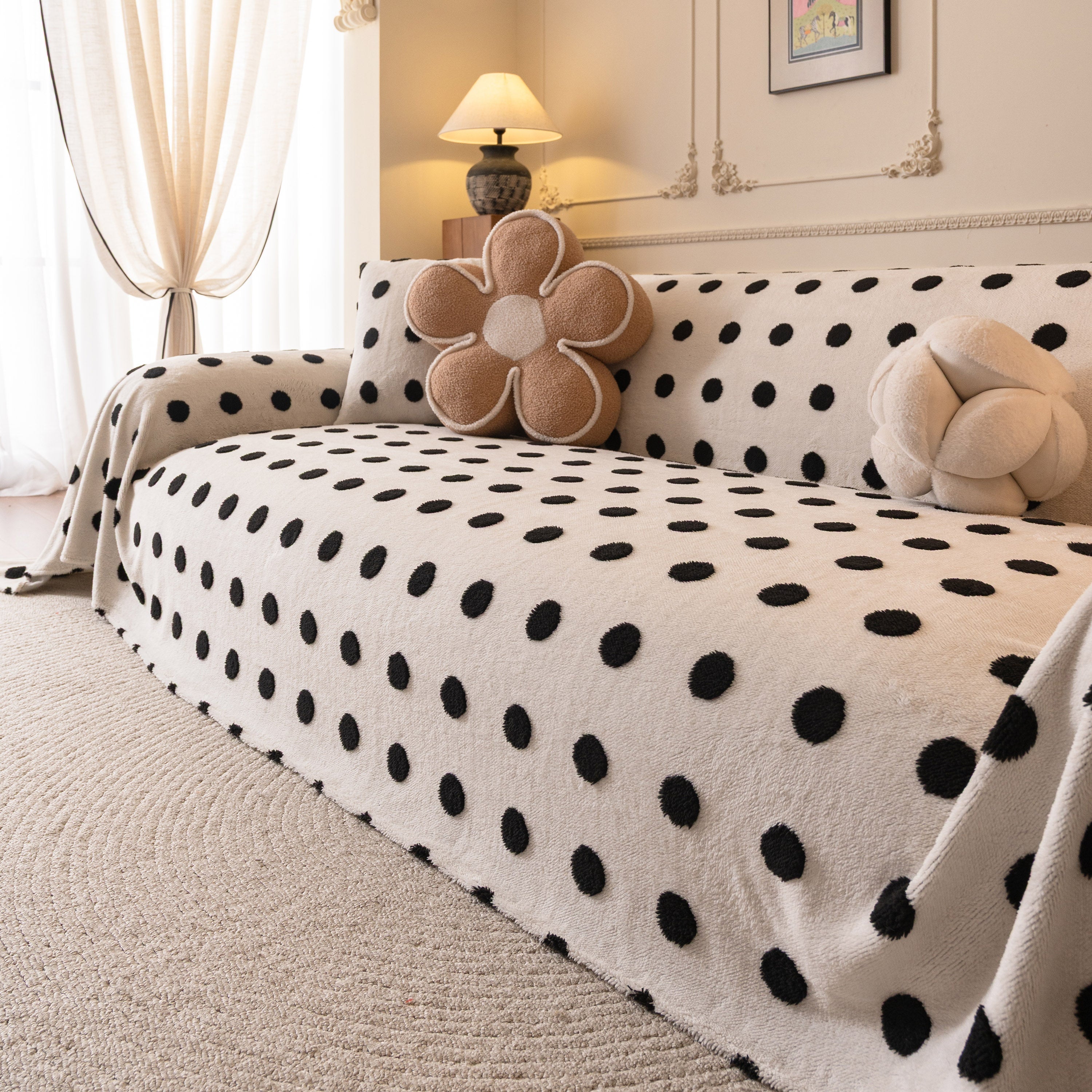 Plush Fleece Sofa Cover Throw, Soft Textured Polka Dot Couch Protector Blanket For Pets