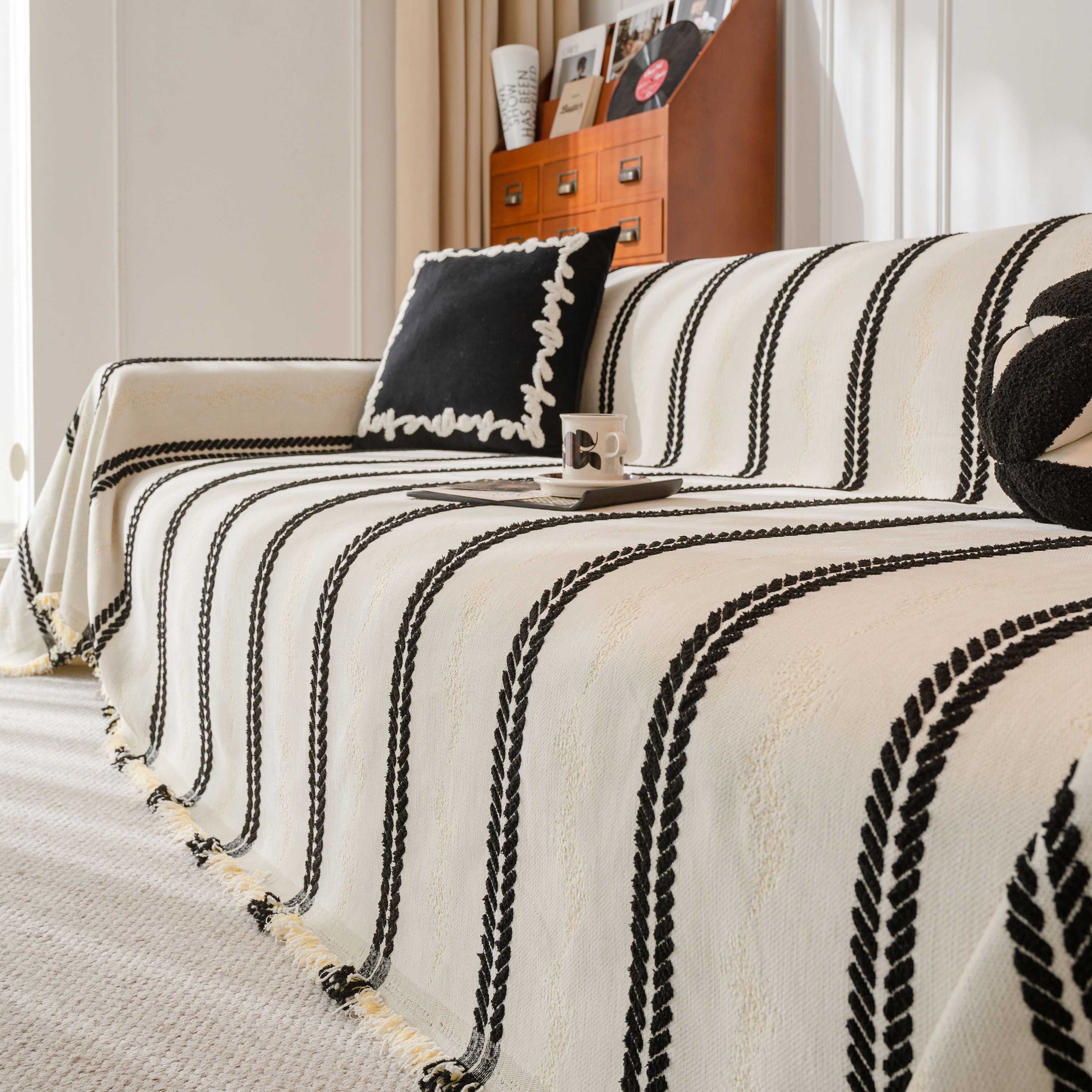Boho Couch Throw Blanket With Textured Stripes, Sofa Cover For Living Room Decor