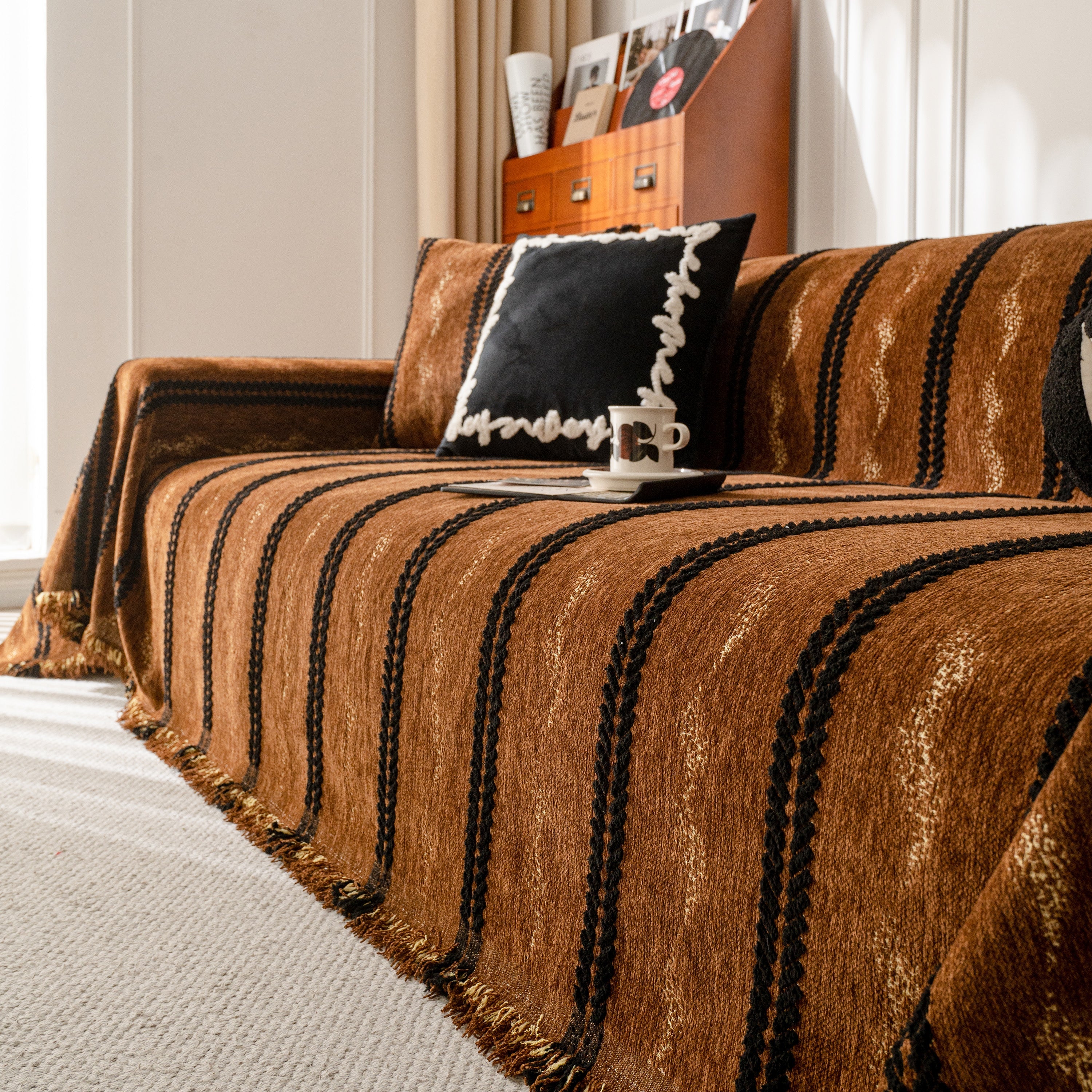 Boho Couch Throw Blanket With Textured Stripes, Sofa Cover For Living Room Decor