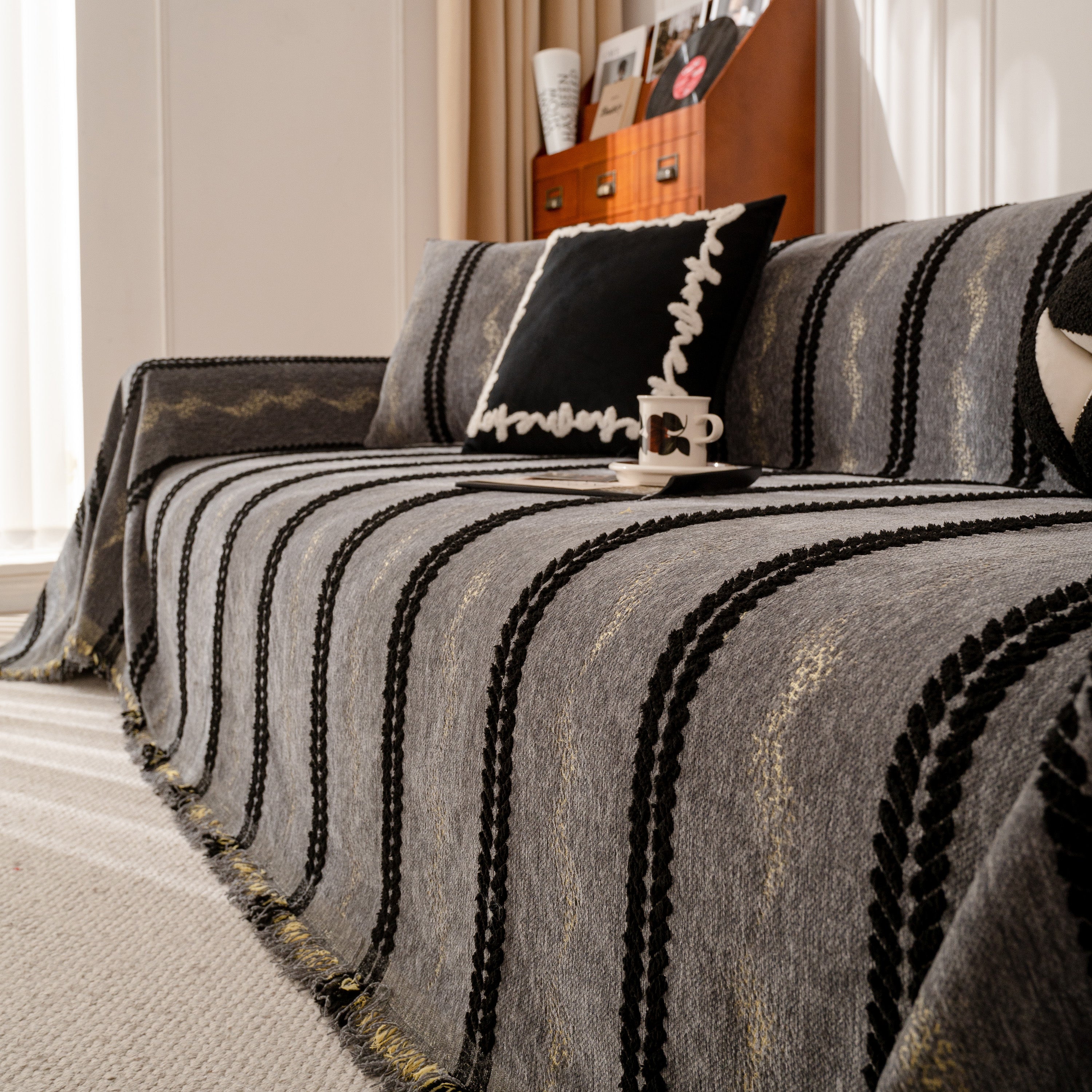 Boho Couch Throw Blanket With Textured Stripes, Sofa Cover For Living Room Decor