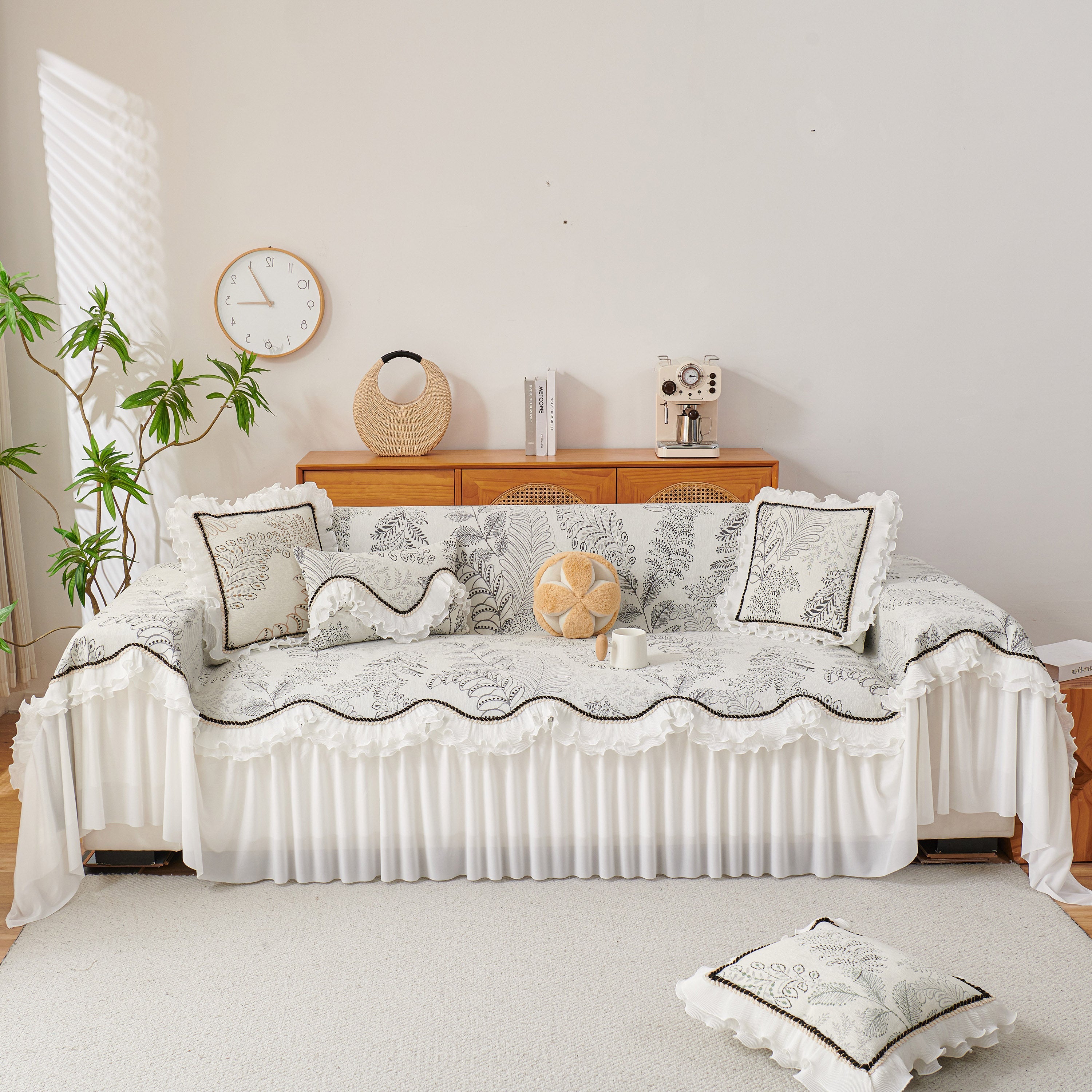 Farmhouse Ruffled Lace Sofa Slipcover Vintage Furniture Protector With Botanical Print