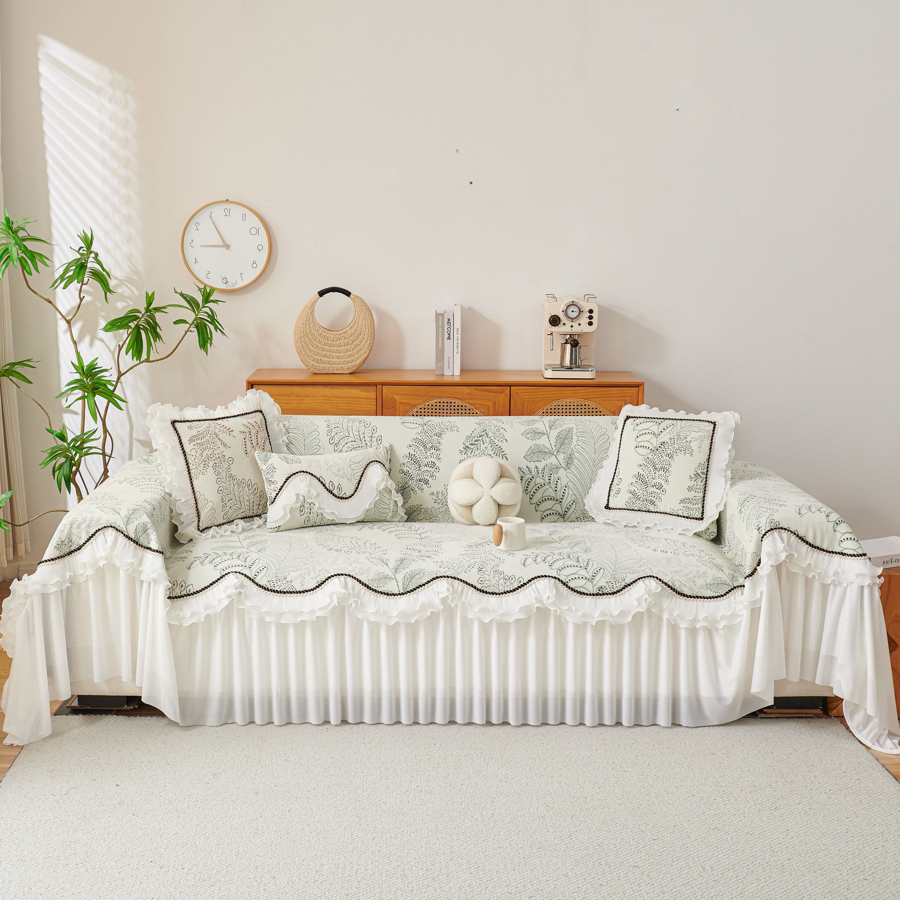 Farmhouse Ruffled Lace Sofa Slipcover Vintage Furniture Protector With Botanical Print