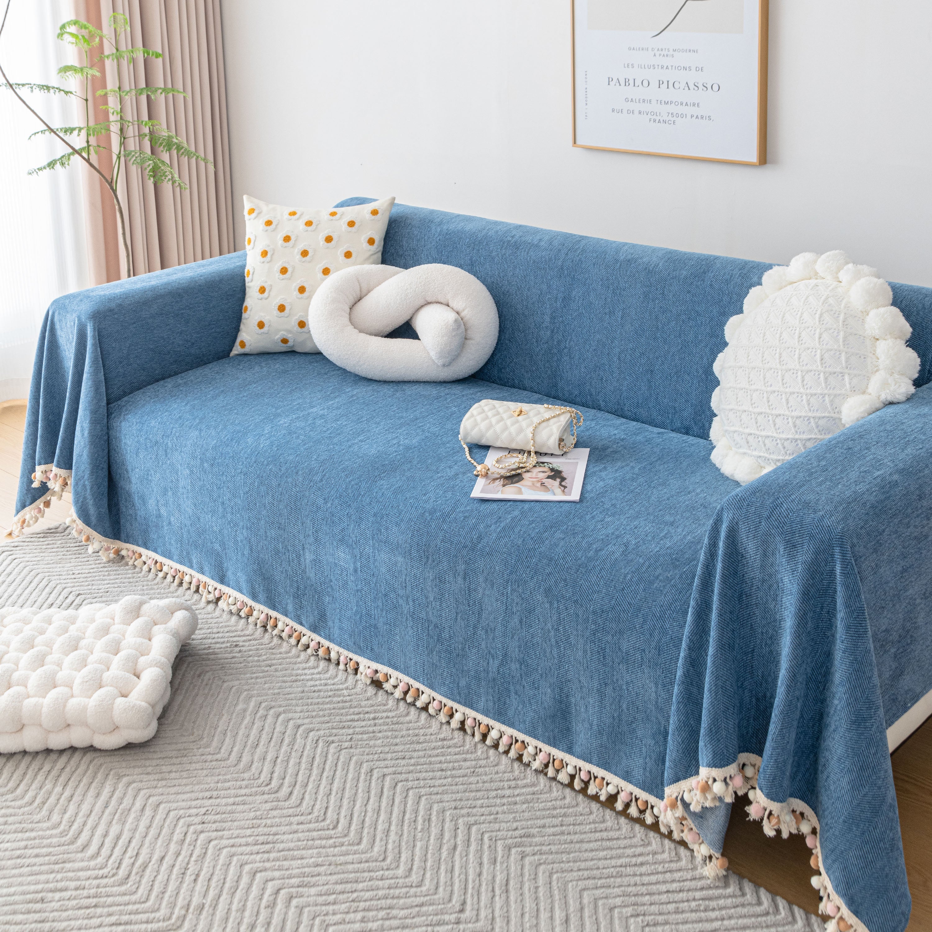 Boho Herringbone Sofa Throw Blanket With Pom Pom Tassels Stylish Furniture Slipcover