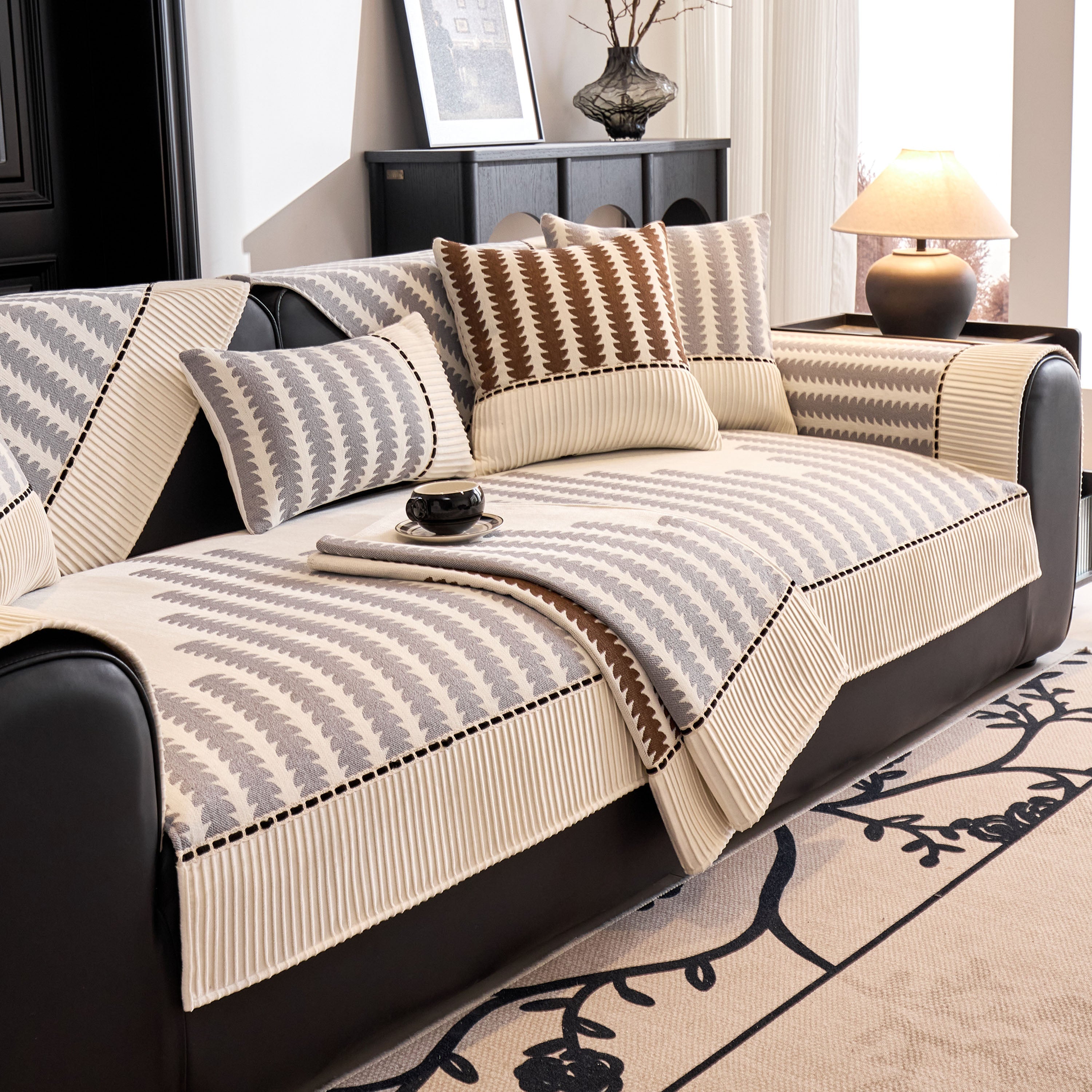 Vertical Stripes Sectional Sofa Cover Slipcover - Non-slip, Fits L-shape Couches