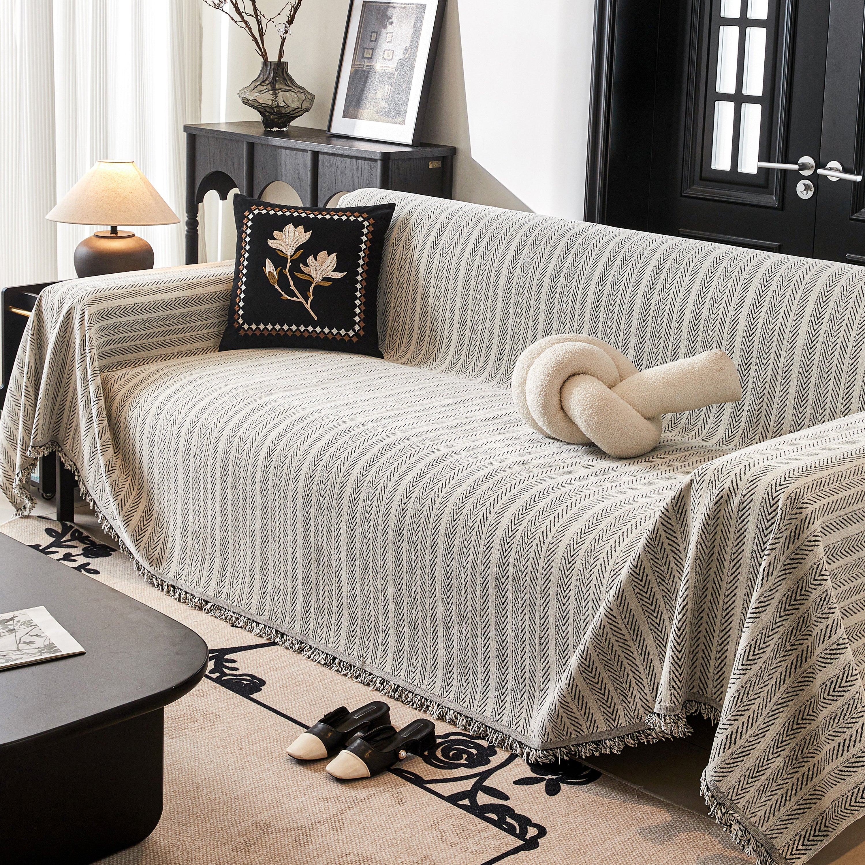 Herringbone Chenille Couch Cover Blanket Soft Durable Throw Sofa Protector With Tassel