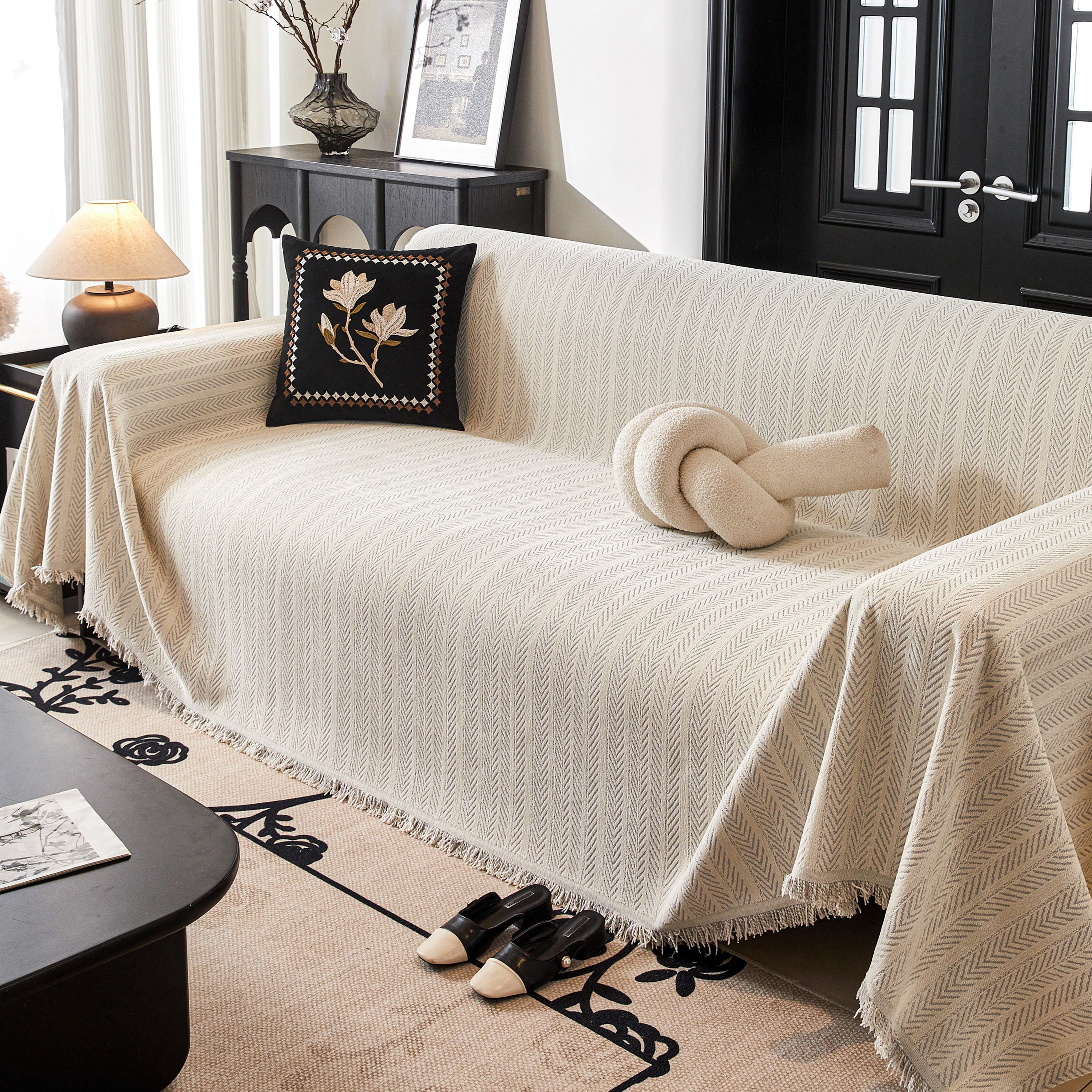 Herringbone Chenille Couch Cover Blanket Soft Durable Throw Sofa Protector With Tassel