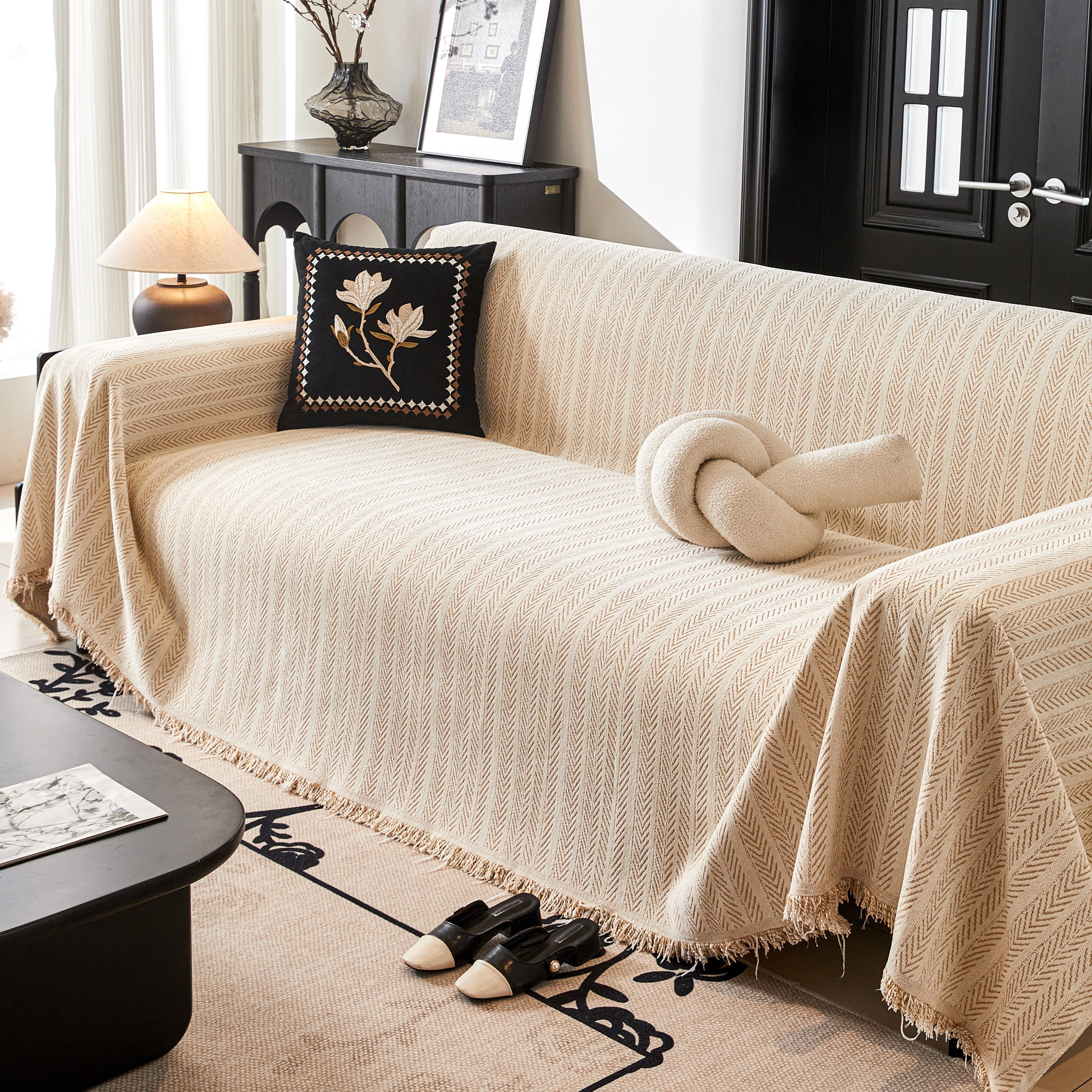 Herringbone Chenille Couch Cover Blanket Soft Durable Throw Sofa Protector With Tassel