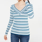 Freshman Junior's V Neck Striped Sweater Green Size Small