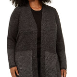 Karen Scott Women's Plus Patterned-Border Cardigan Sweater Black Size 0X-Large