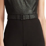 Ralph Lauren Women's Black Belted Glitter Wrap Short Sleeve V Neck T-Shirt Straight Leg Wear To Work Jumpsuit Black Size 12