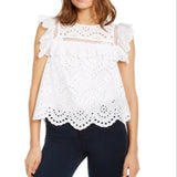 INC International Concepts Women's Eyelet Flutter Sleeve Top White Size Medium