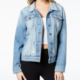 STS Blue Women's Frayed Pocketed Oversize Boyfriend Buttoned Denim Jacket Blue Size X-Small