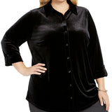 Charter Club Women's Plus Button Front Velvet Top Black Size 1X