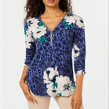 JM Collection Women's Mixed Print Zippered Neck Top Blue Size Small